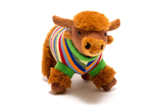 Best Years Ltd Plushie Knitted Highland Cow Baby Rattle with Stripe Jumper