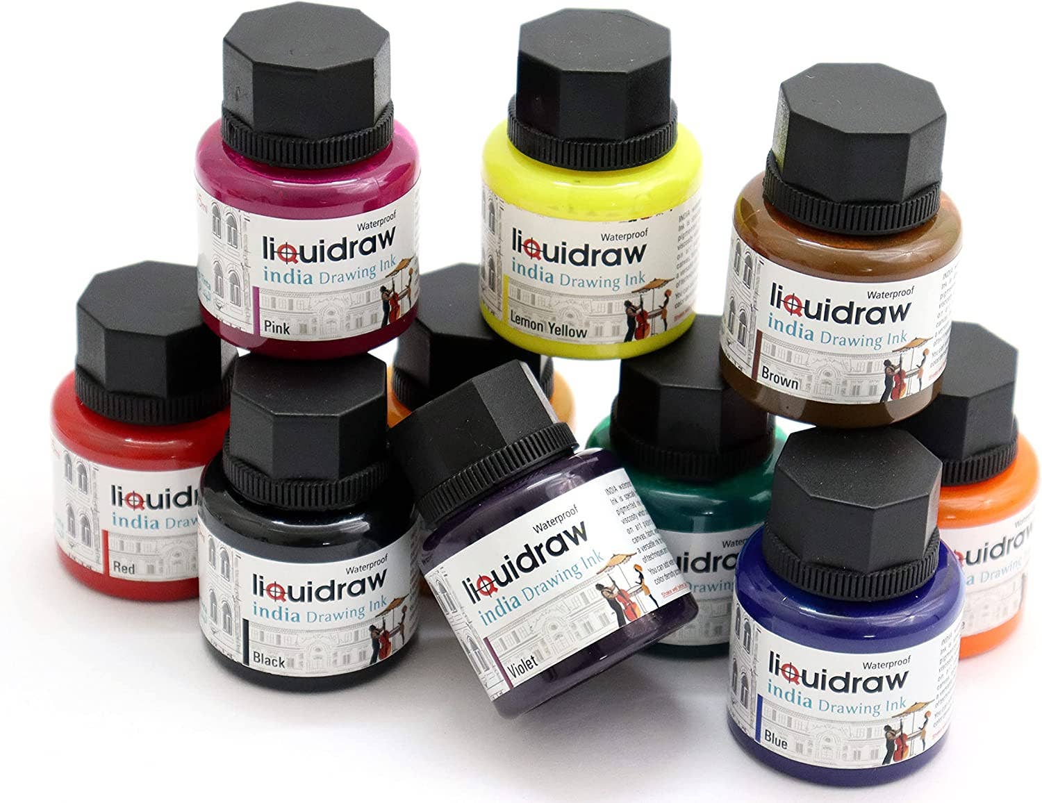 Liquidraw Coloured Drawing Ink Set India Ink, Waterproof, Set of 10 Assorted Colours, 35ml.