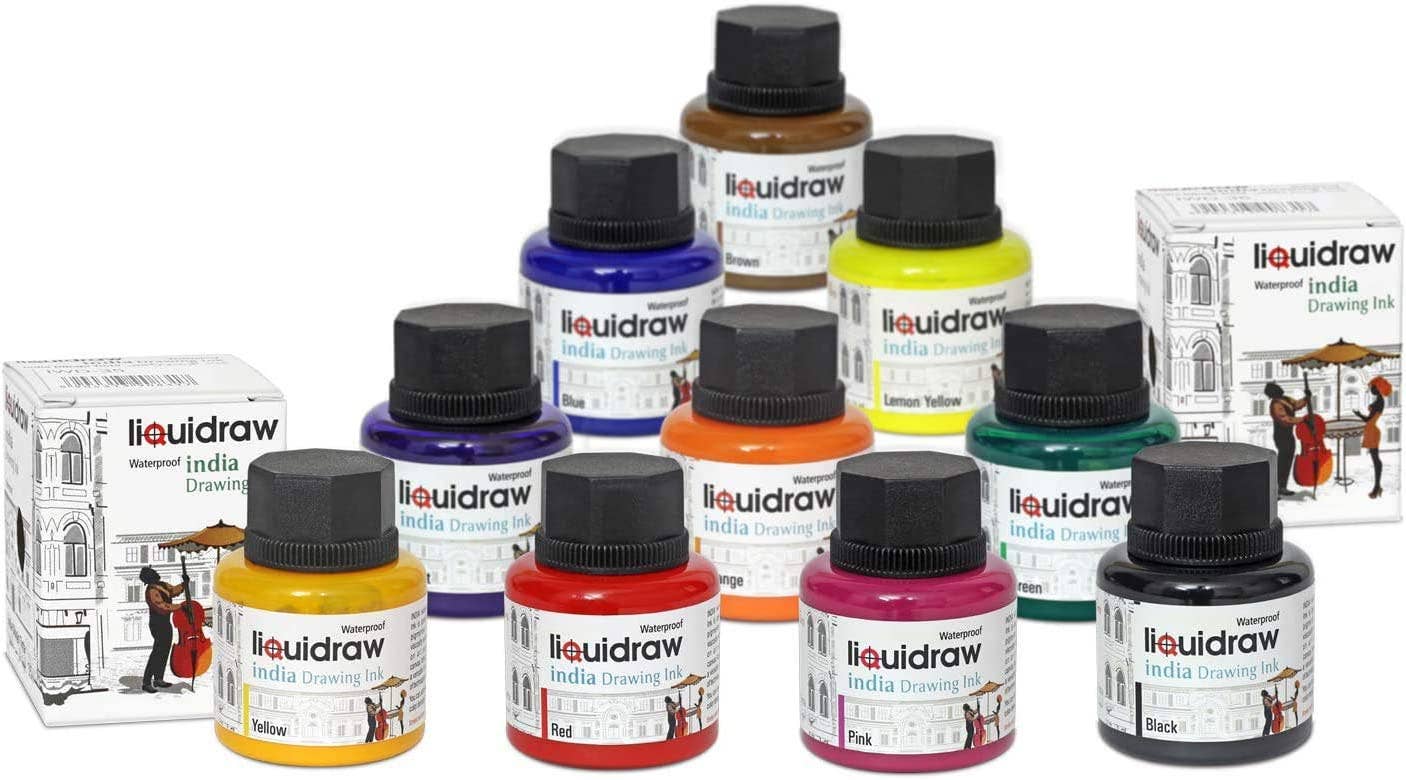 Liquidraw Coloured Drawing Ink Set India Ink, Waterproof, Set of 10 Assorted Colours, 35ml.