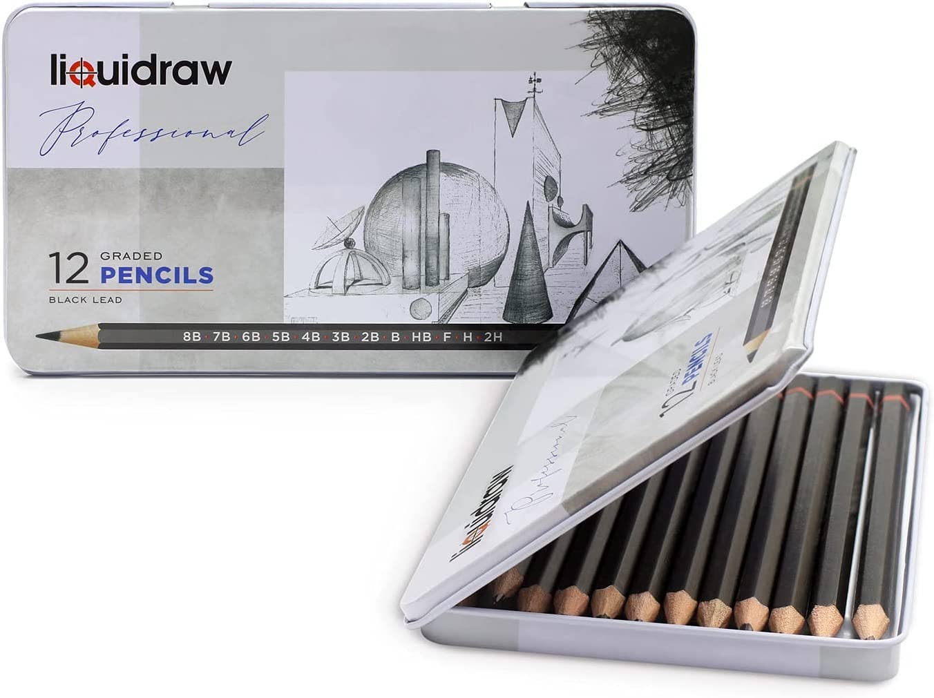 Liquidraw Drawing Pencils Set of 12, Graded Pencils For Artists, Sketching, Art, Sketch (8B-2H) Graphite Hard & Soft Pencil Set.
