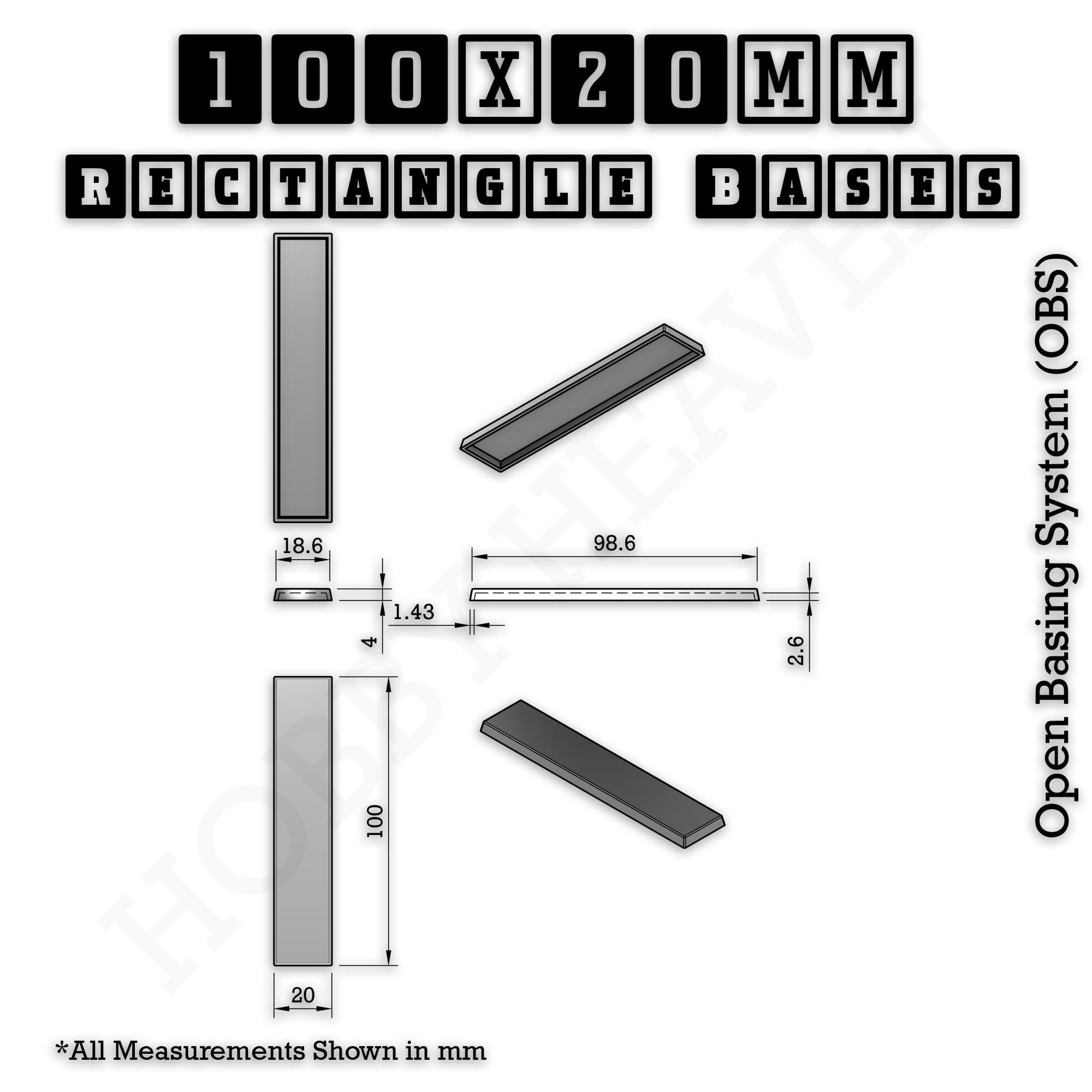 Base Rectangle Bases Range Sizes - 75x30mm to 125x40mm Medium Sizes 3d Print Full Range Tabletop Games