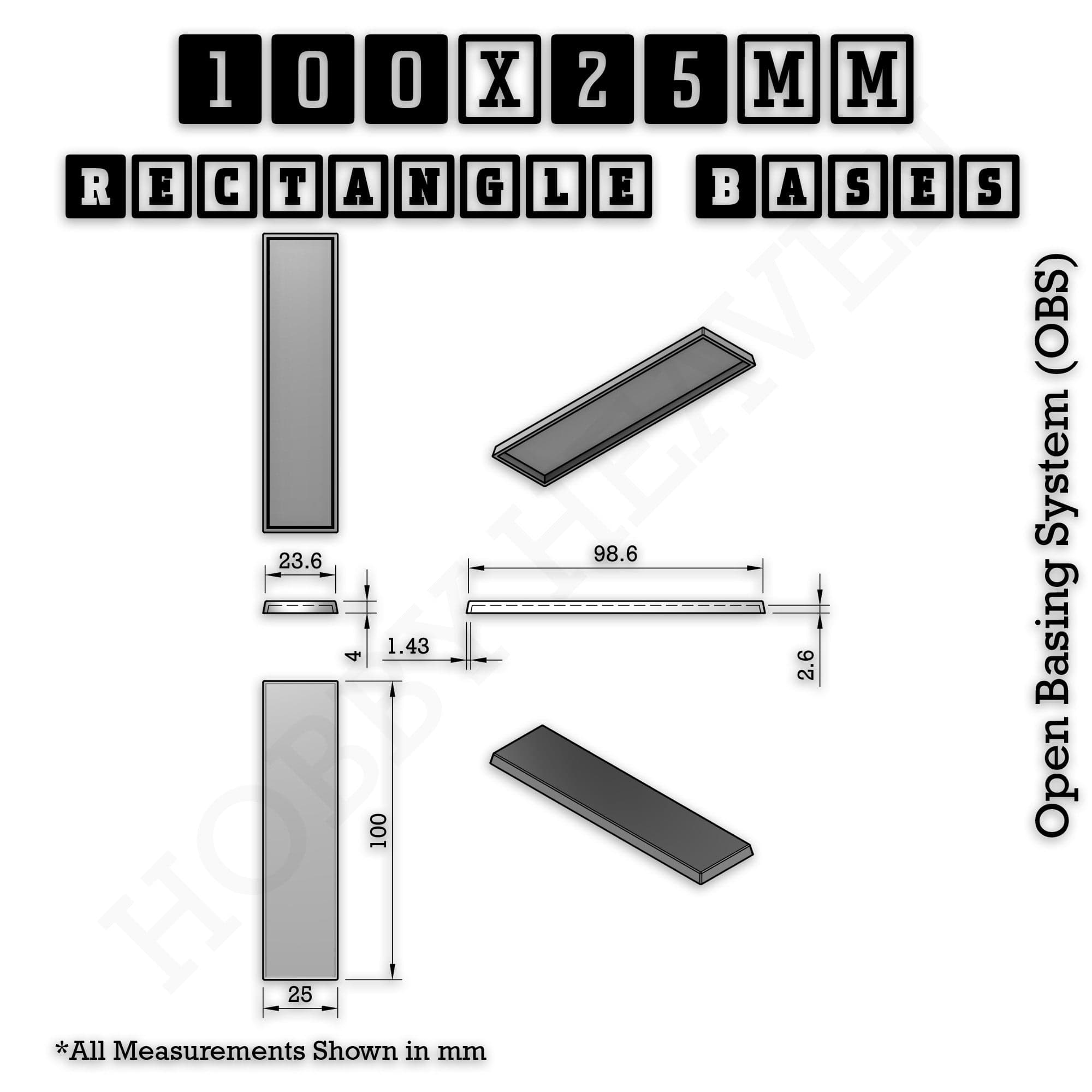 Base Rectangle Bases Range Sizes - 75x30mm to 125x40mm Medium Sizes 3d Print Full Range Tabletop Games