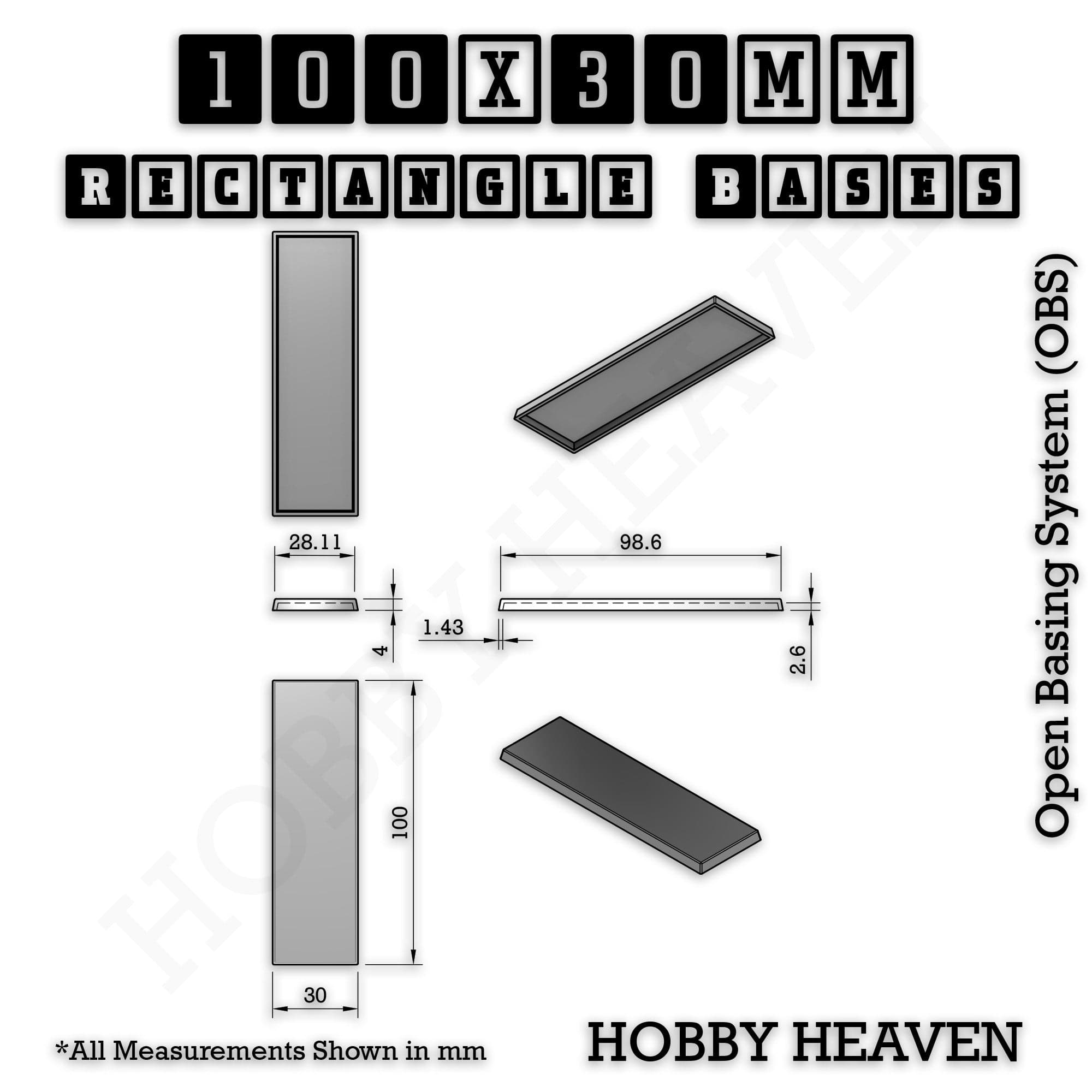 Base Rectangle Bases Range Sizes - 75x30mm to 125x40mm Medium Sizes 3d Print Full Range Tabletop Games