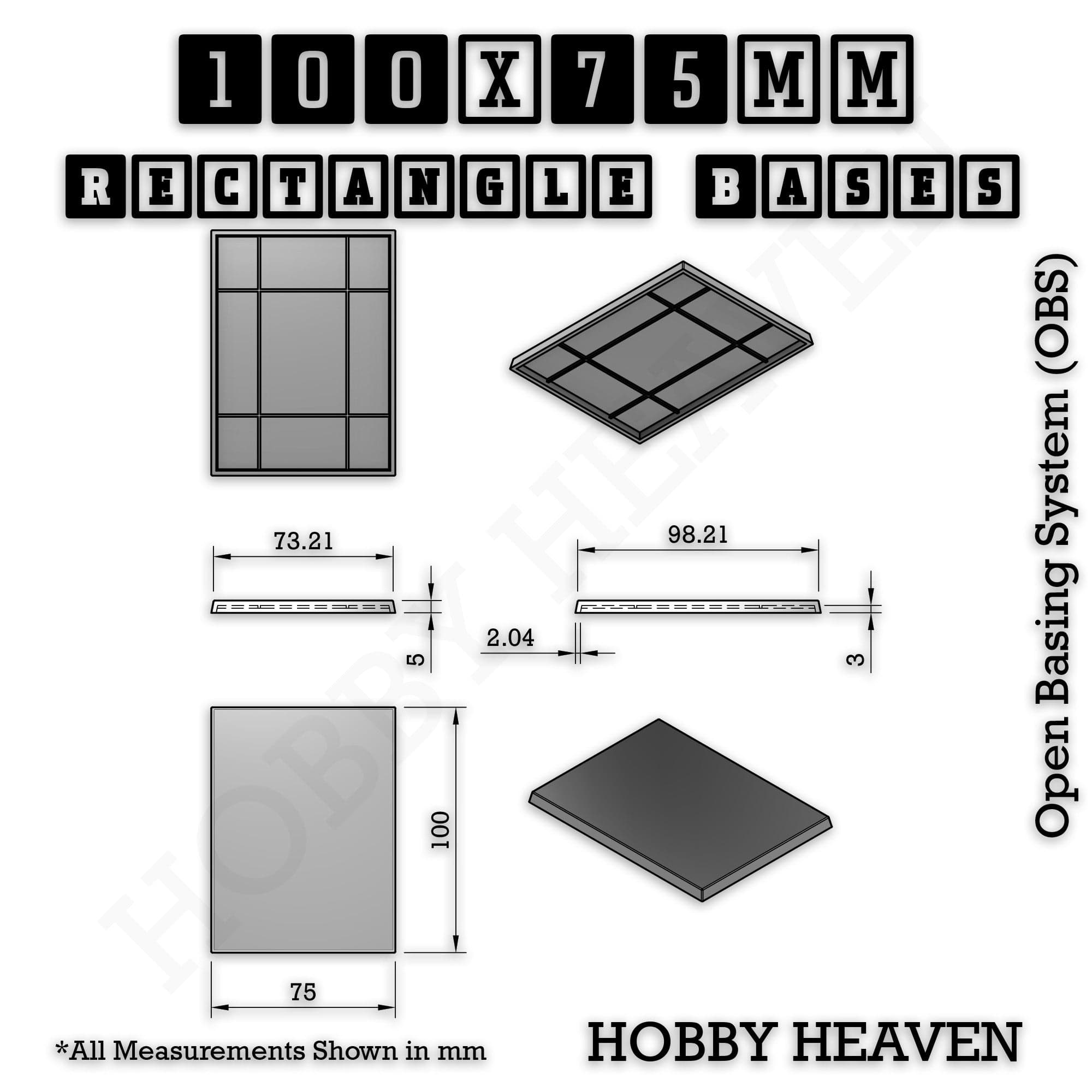 Base Rectangle Bases Range Sizes - 75x30mm to 125x40mm Medium Sizes 3d Print Full Range Tabletop Games