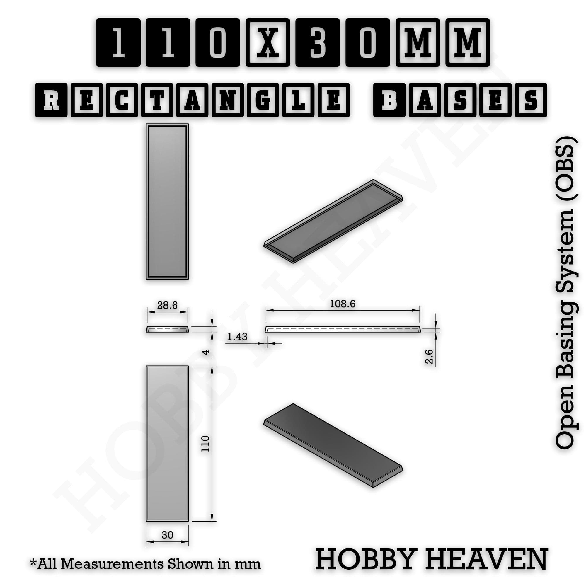 Base Rectangle Bases Range Sizes - 75x30mm to 125x40mm Medium Sizes 3d Print Full Range Tabletop Games