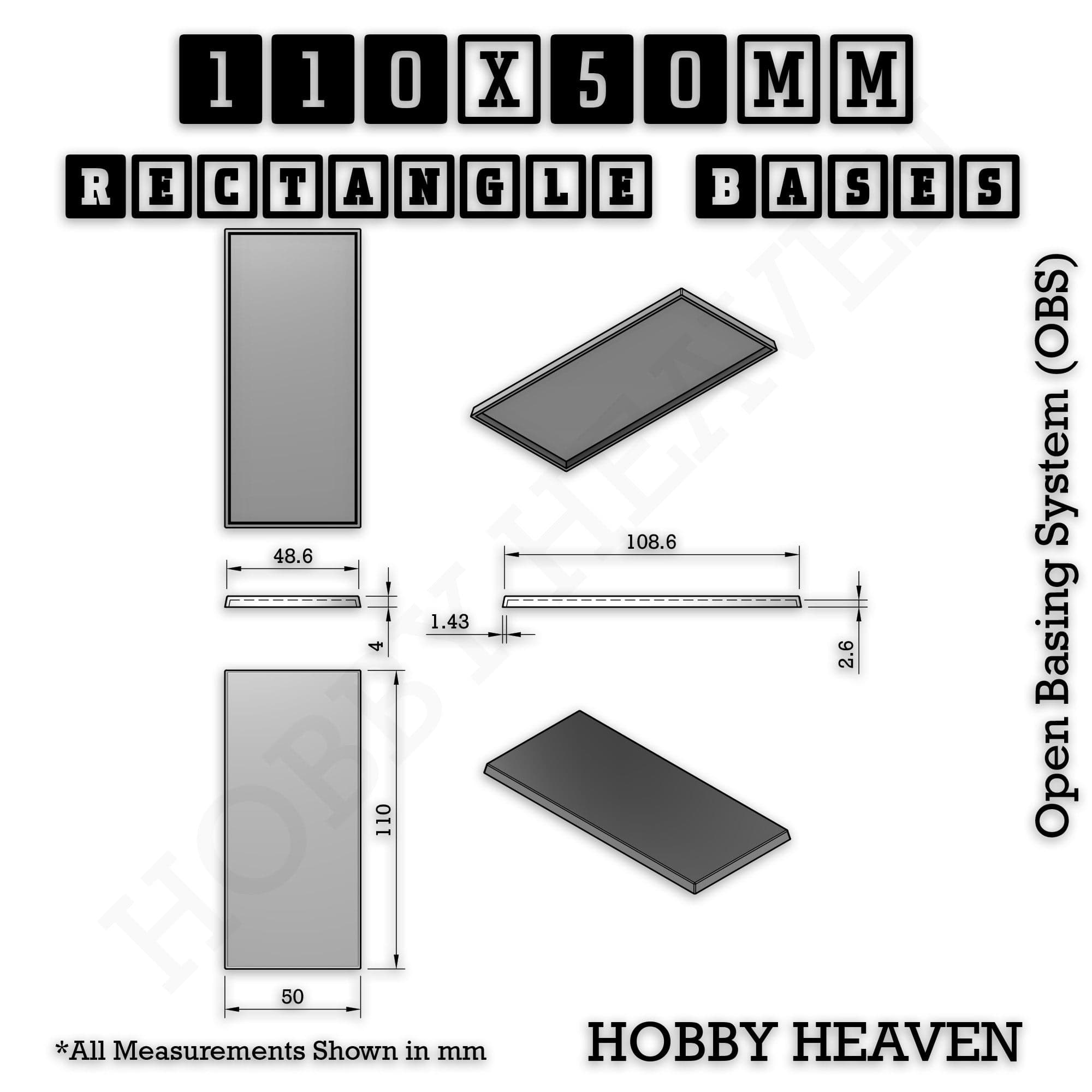 Base Rectangle Bases Range Sizes - 75x30mm to 125x40mm Medium Sizes 3d Print Full Range Tabletop Games