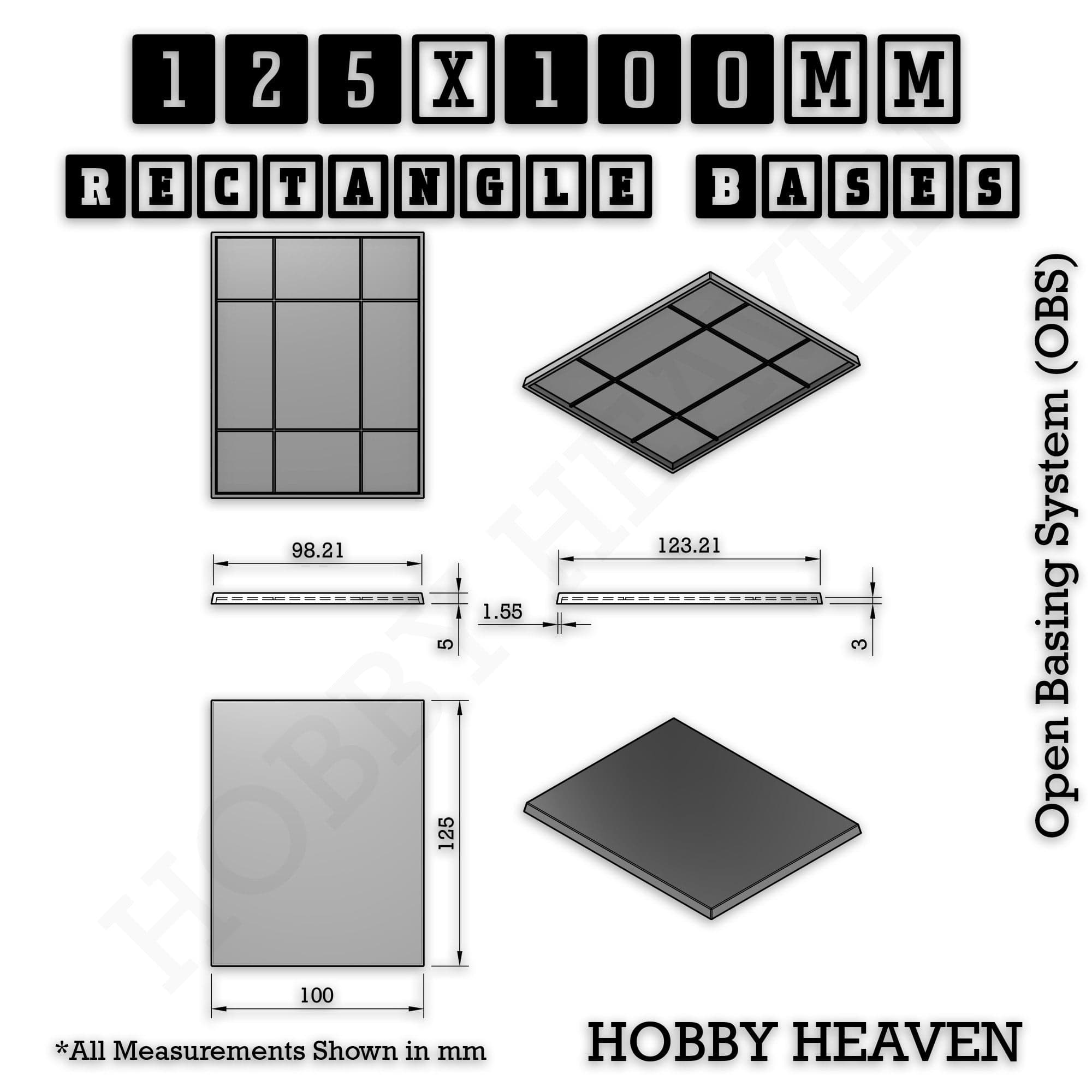 Base Rectangle Bases Range Sizes - 125x50mm to 200x175mm Large Sizes 3d Print Full Range Tabletop Games
