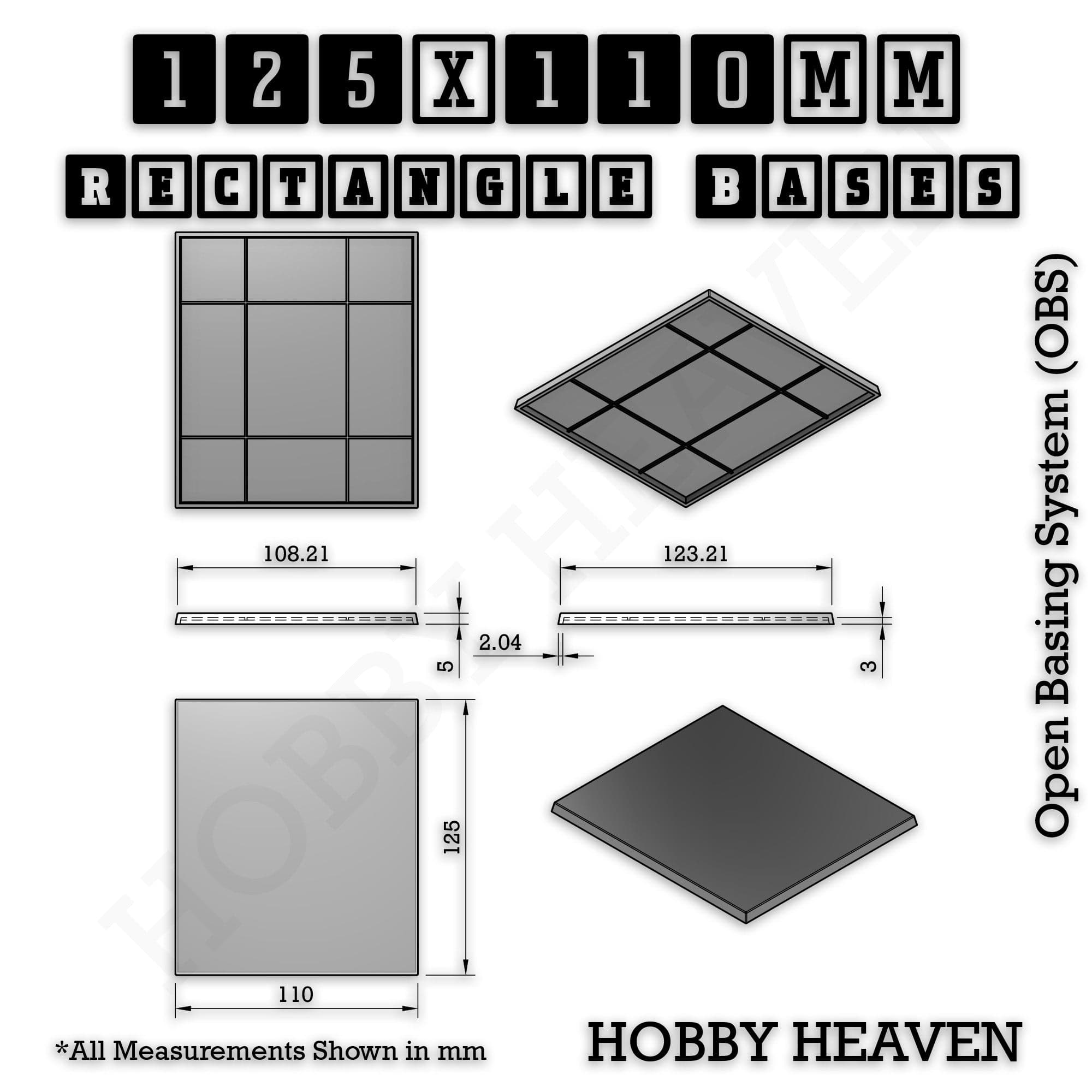 Base Rectangle Bases Range Sizes - 125x50mm to 200x175mm Large Sizes 3d Print Full Range Tabletop Games