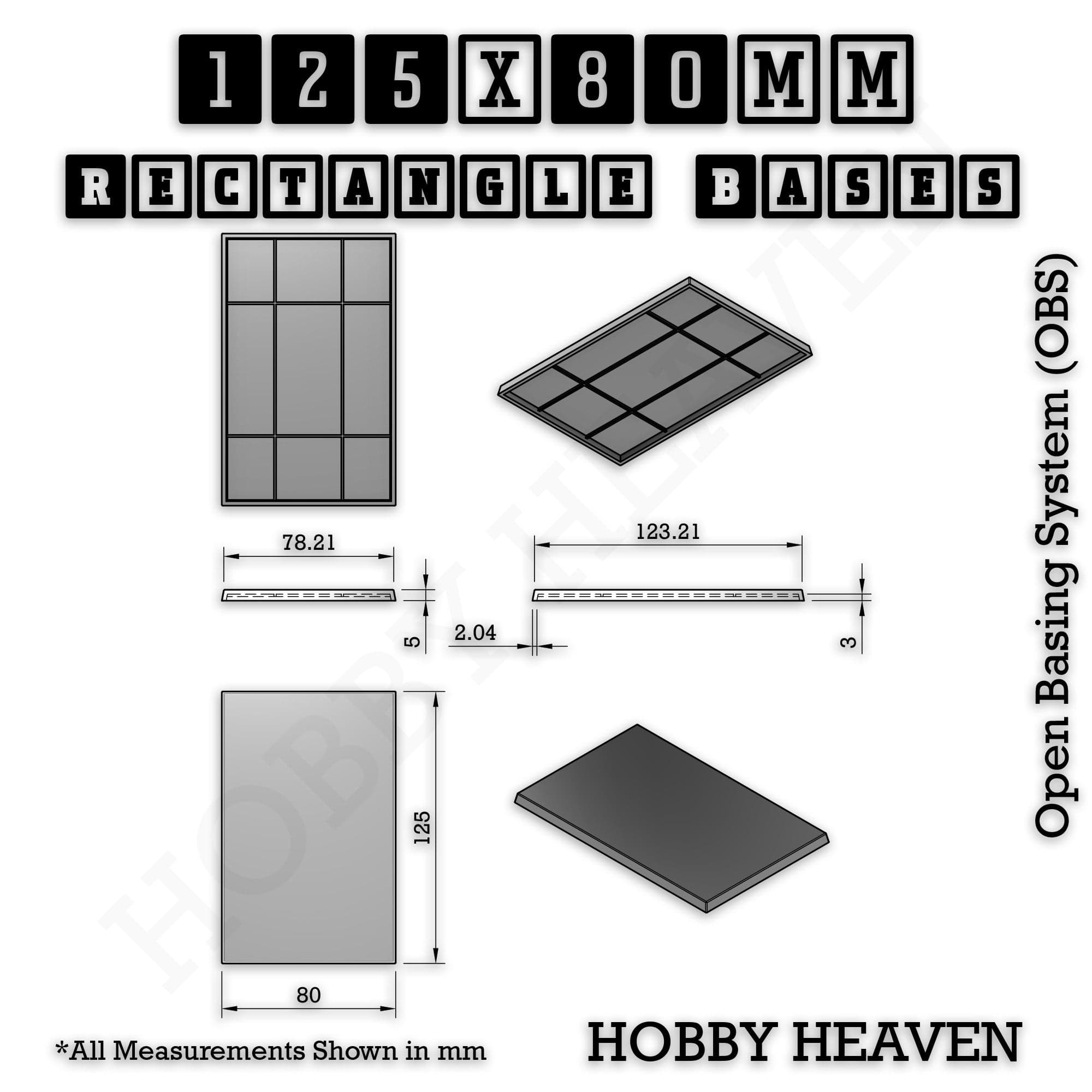 Base Rectangle Bases Range Sizes - 125x50mm to 200x175mm Large Sizes 3d Print Full Range Tabletop Games