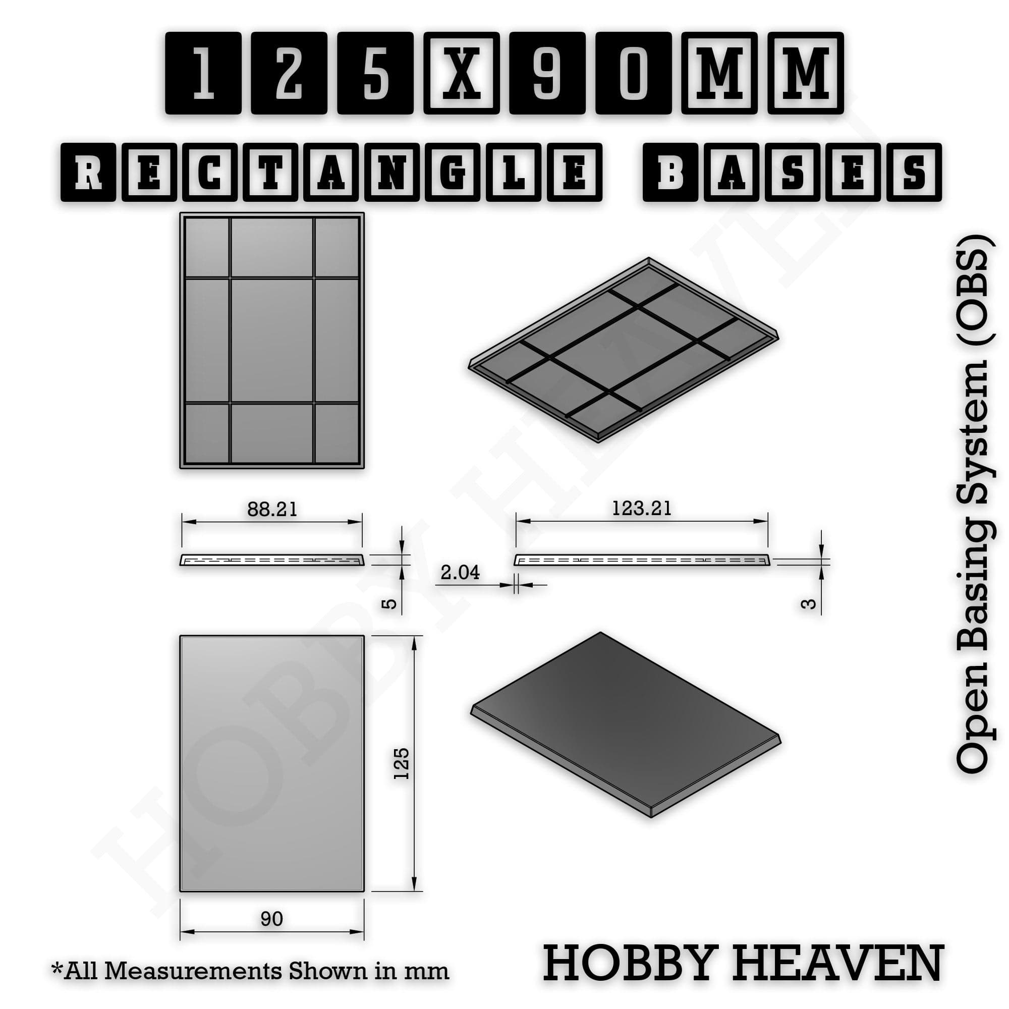 Base Rectangle Bases Range Sizes - 125x50mm to 200x175mm Large Sizes 3d Print Full Range Tabletop Games