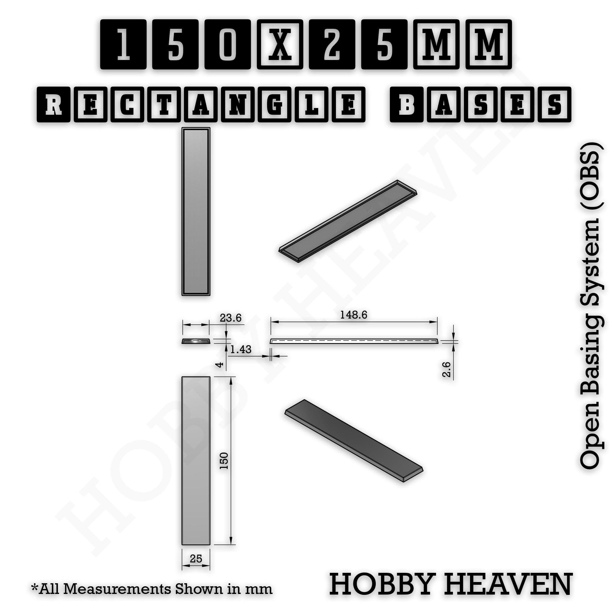 Base Rectangle Bases Range Sizes - 125x50mm to 200x175mm Large Sizes 3d Print Full Range Tabletop Games