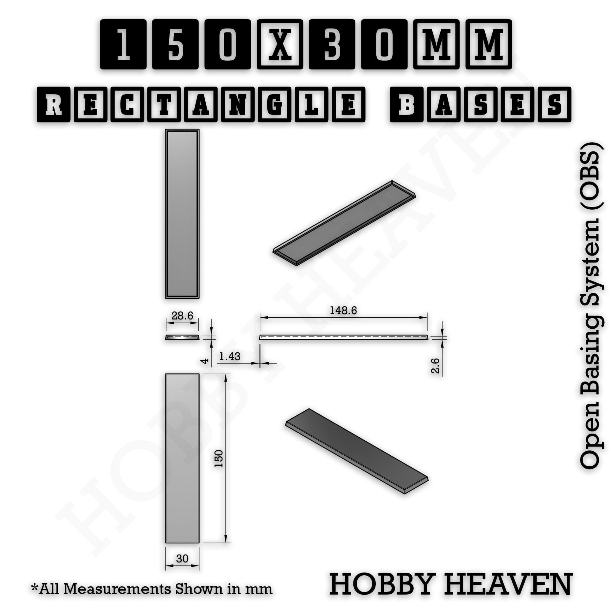 Base Rectangle Bases Range Sizes - 125x50mm to 200x175mm Large Sizes 3d Print Full Range Tabletop Games