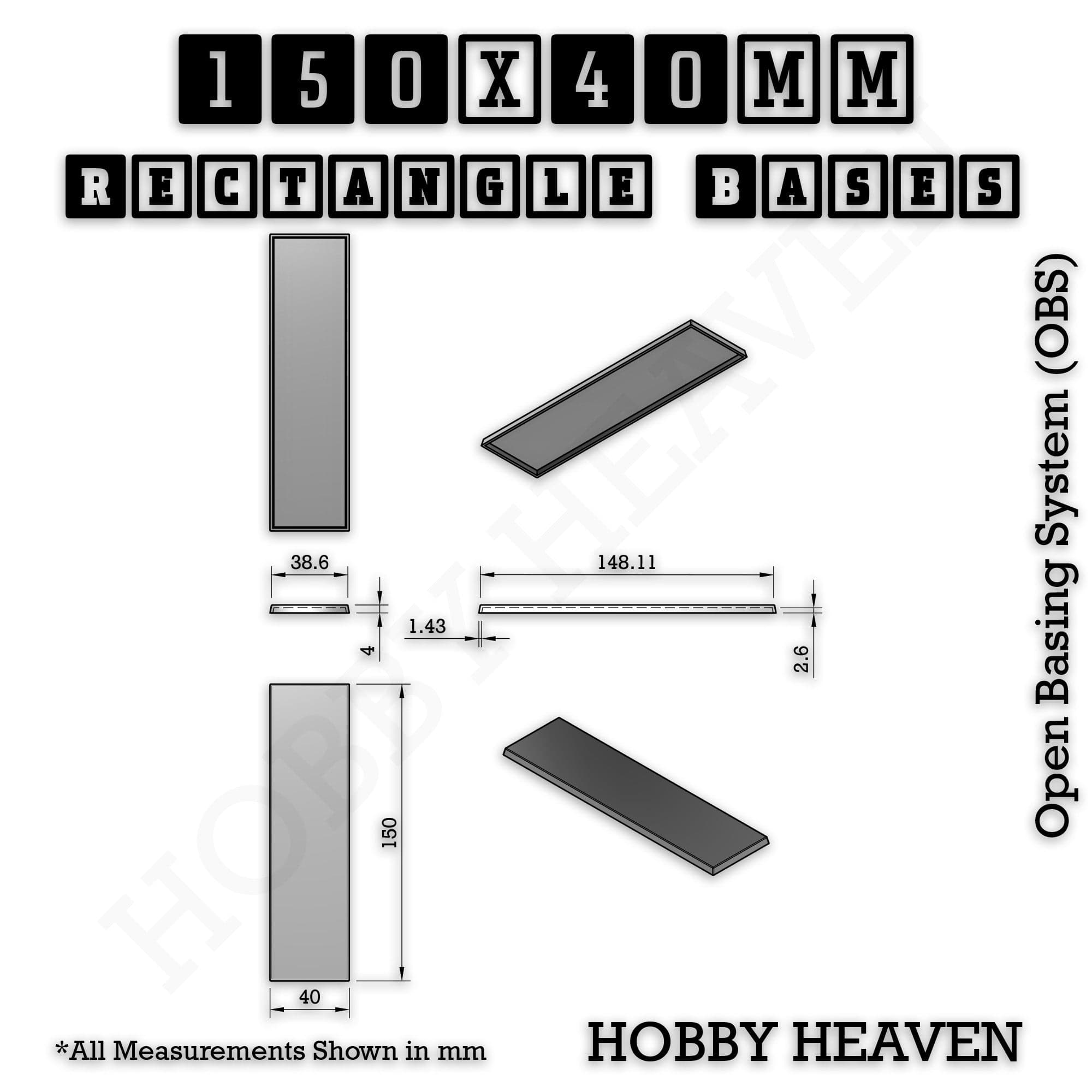 Base Rectangle Bases Range Sizes - 125x50mm to 200x175mm Large Sizes 3d Print Full Range Tabletop Games