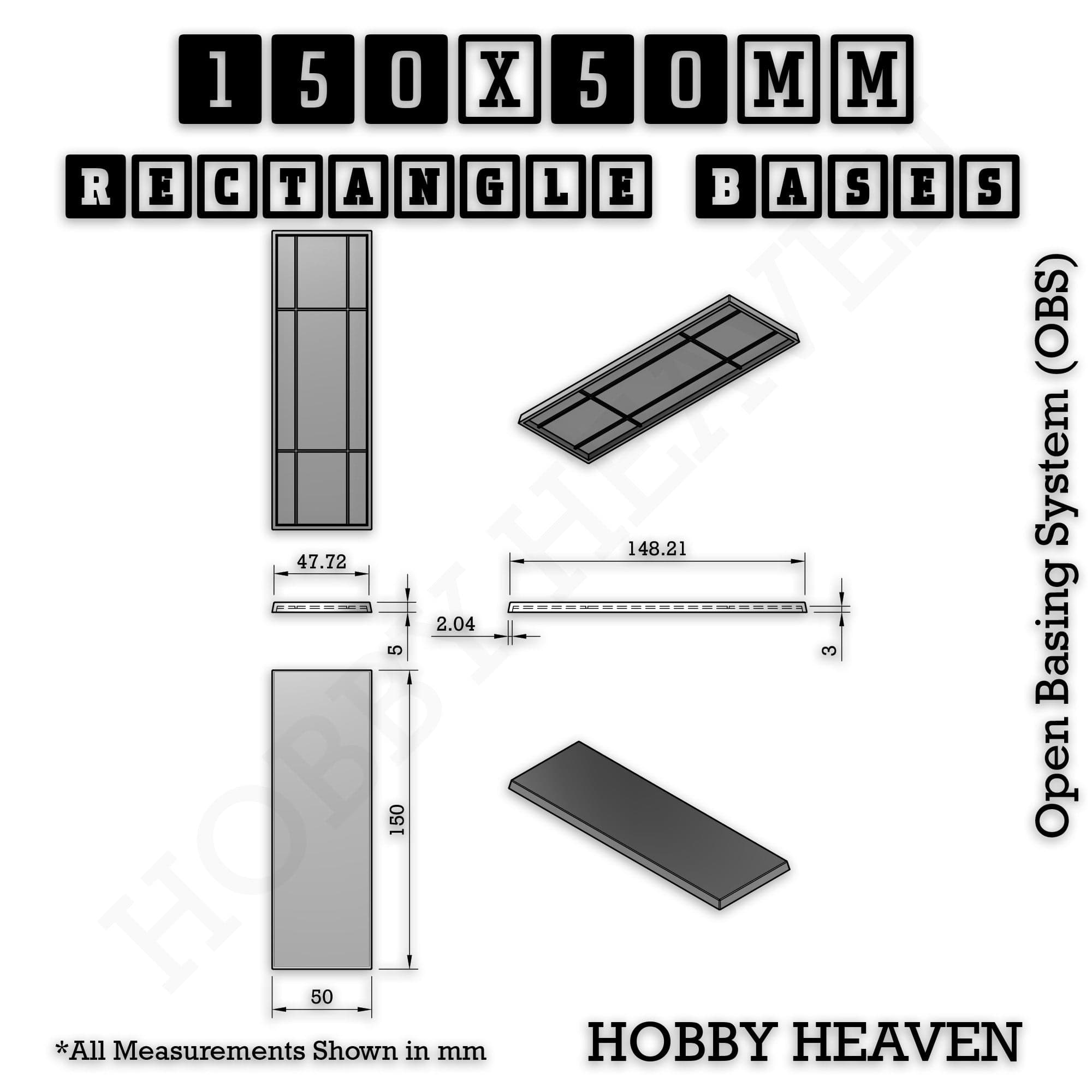 Base Rectangle Bases Range Sizes - 125x50mm to 200x175mm Large Sizes 3d Print Full Range Tabletop Games