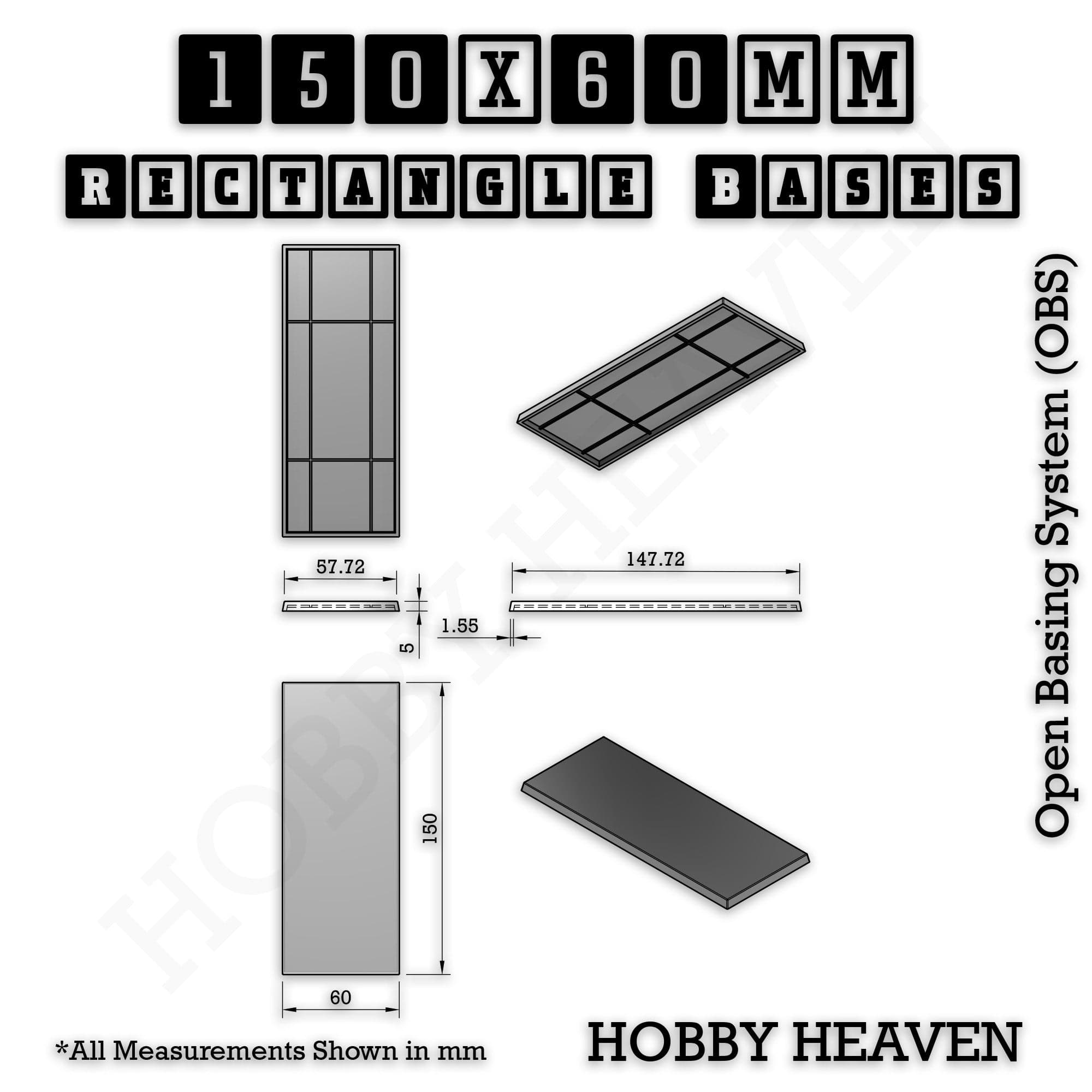 Base Rectangle Bases Range Sizes - 125x50mm to 200x175mm Large Sizes 3d Print Full Range Tabletop Games