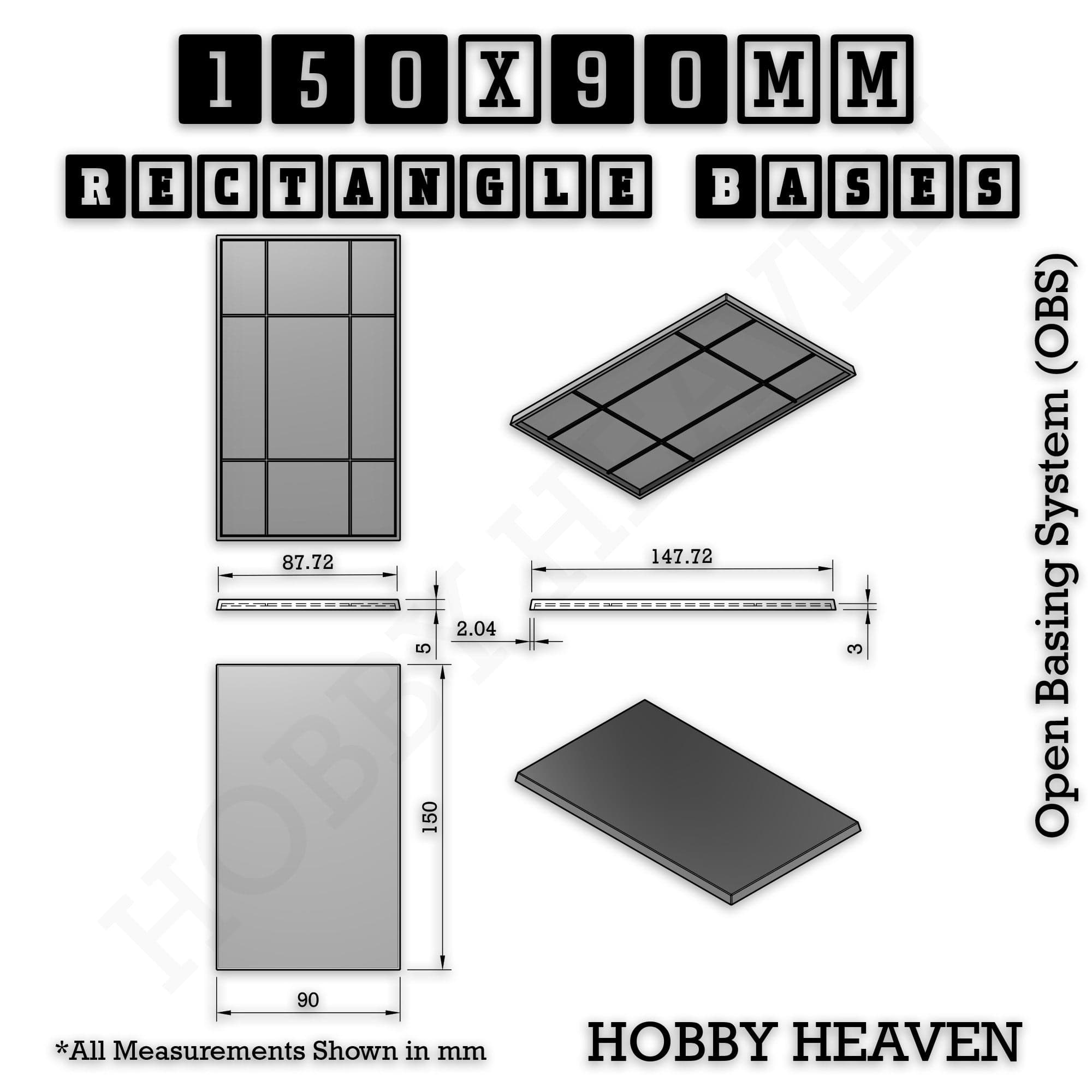 Base Rectangle Bases Range Sizes - 125x50mm to 200x175mm Large Sizes 3d Print Full Range Tabletop Games