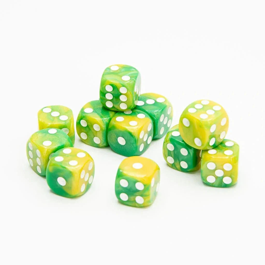 Tabletop Dominion DICE 16mm D6 | Iridescent Yellow & Green | Round Edge | 12 Pack