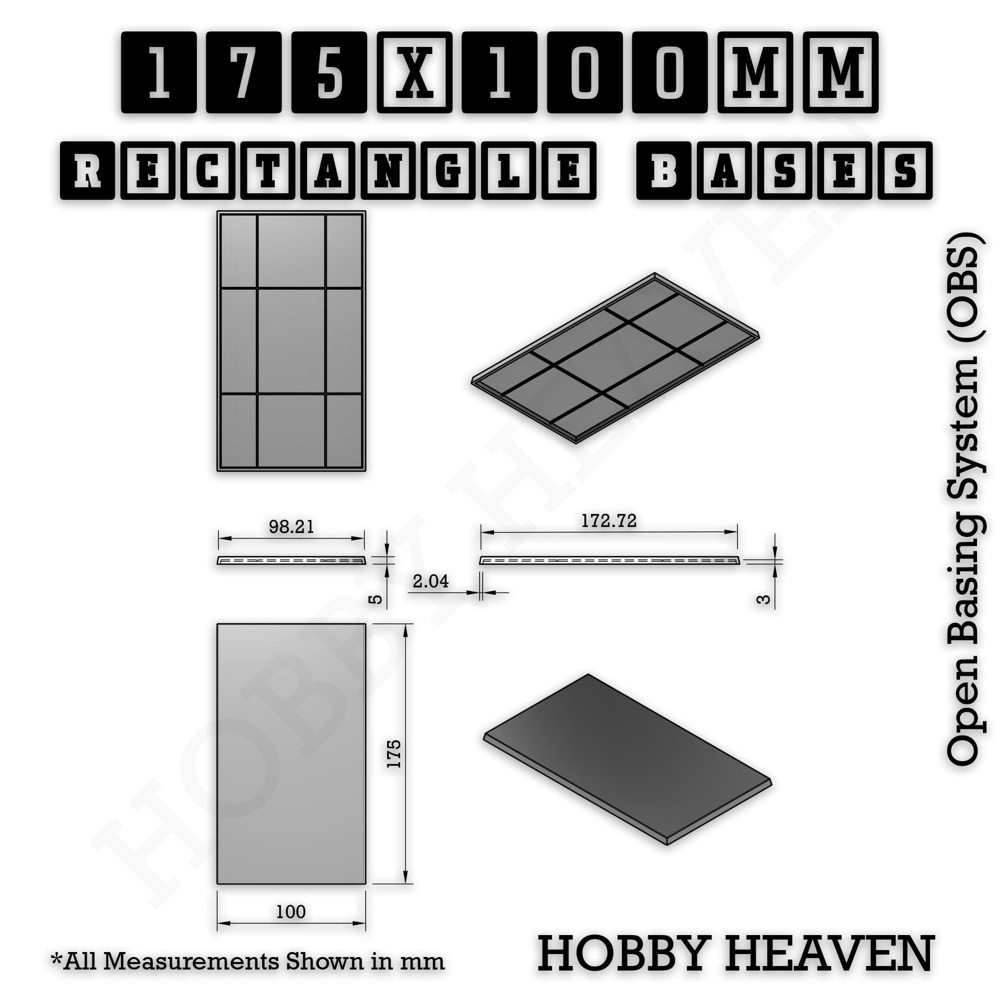 Base Rectangle Bases Range Sizes - 125x50mm to 200x175mm Large Sizes 3d Print Full Range Tabletop Games