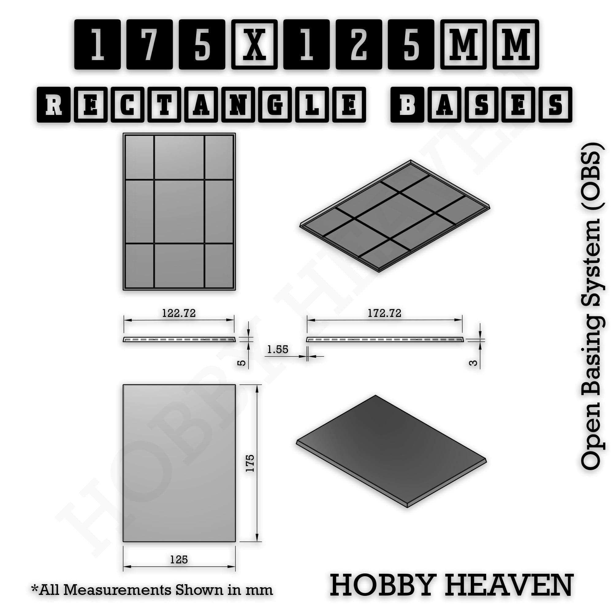 Base Rectangle Bases Range Sizes - 125x50mm to 200x175mm Large Sizes 3d Print Full Range Tabletop Games