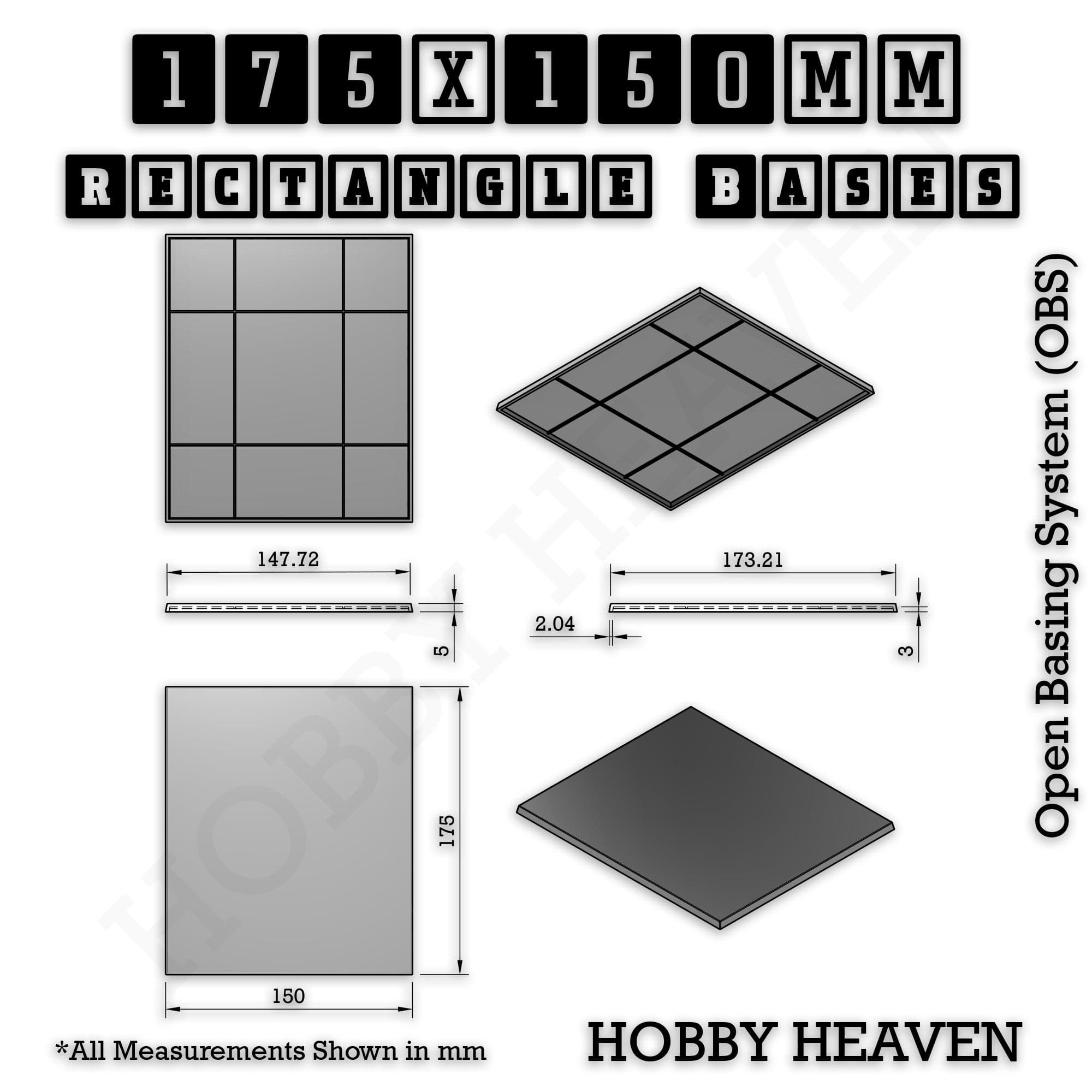 Base Rectangle Bases Range Sizes - 125x50mm to 200x175mm Large Sizes 3d Print Full Range Tabletop Games
