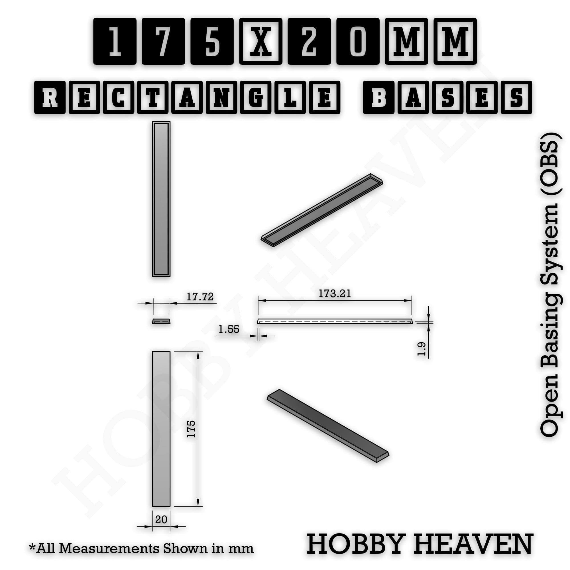 Base Rectangle Bases Range Sizes - 125x50mm to 200x175mm Large Sizes 3d Print Full Range Tabletop Games