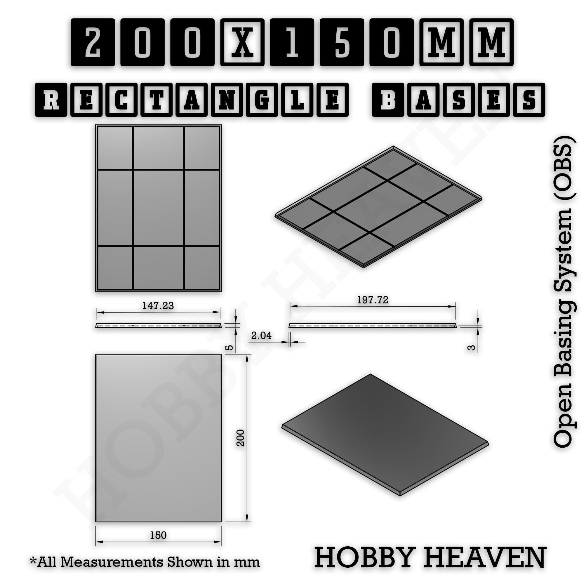 Base Rectangle Bases Range Sizes - 125x50mm to 200x175mm Large Sizes 3d Print Full Range Tabletop Games