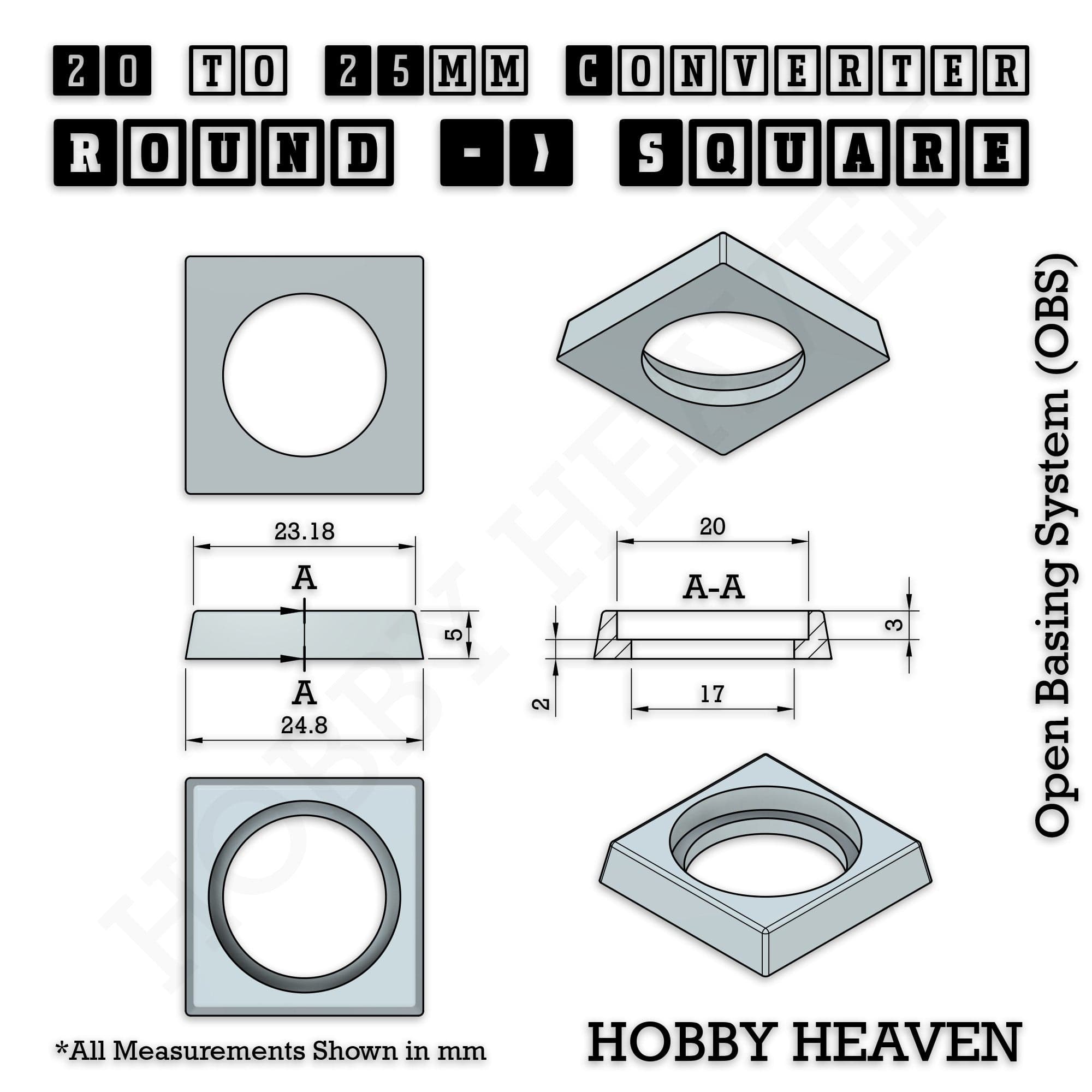 Base 20mm To 25mm Square Converter x1pc Round to Square Bases Shape and Size Converters 3d Print Full Range