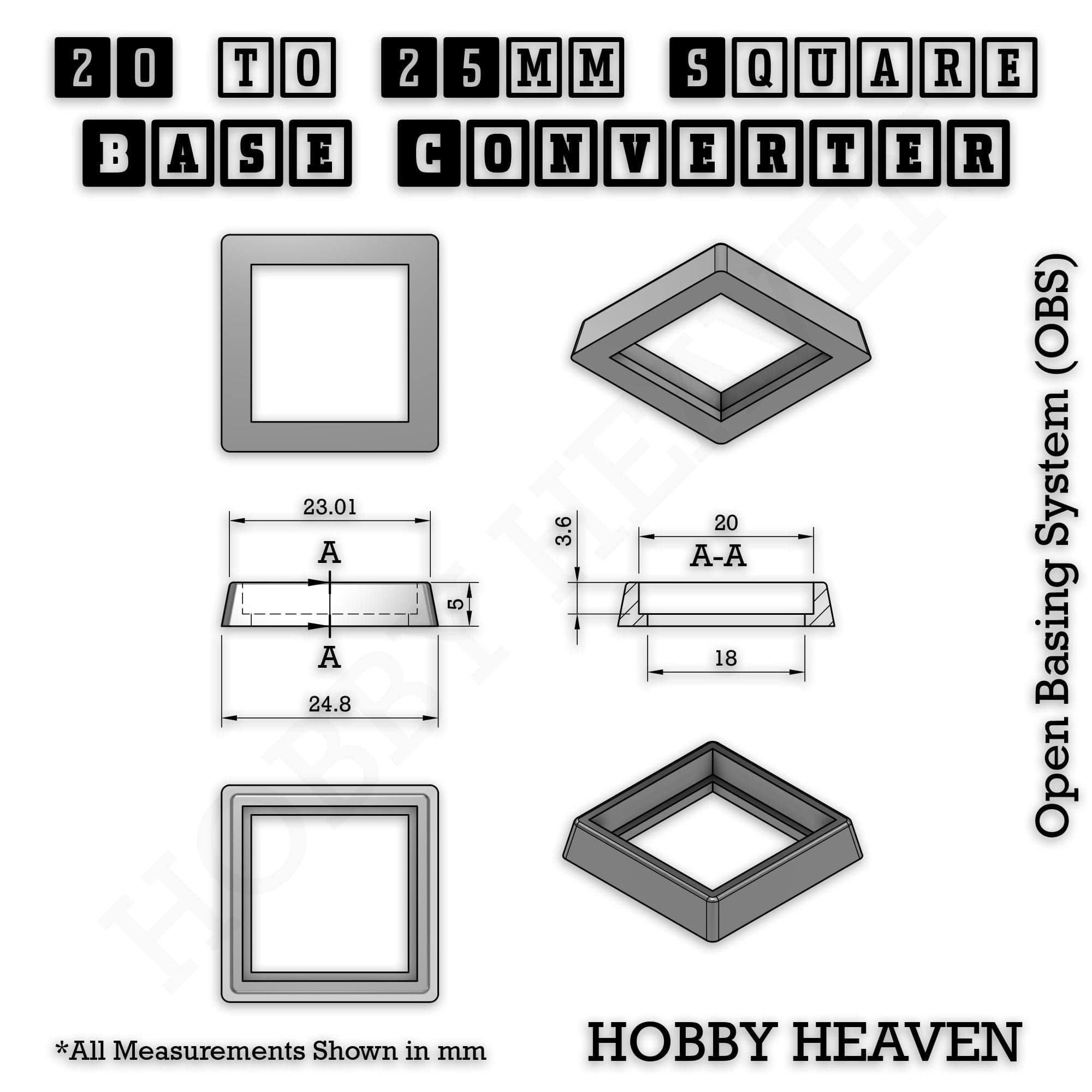 Base Square to Square Bases Size Converters 3d Print Full Range