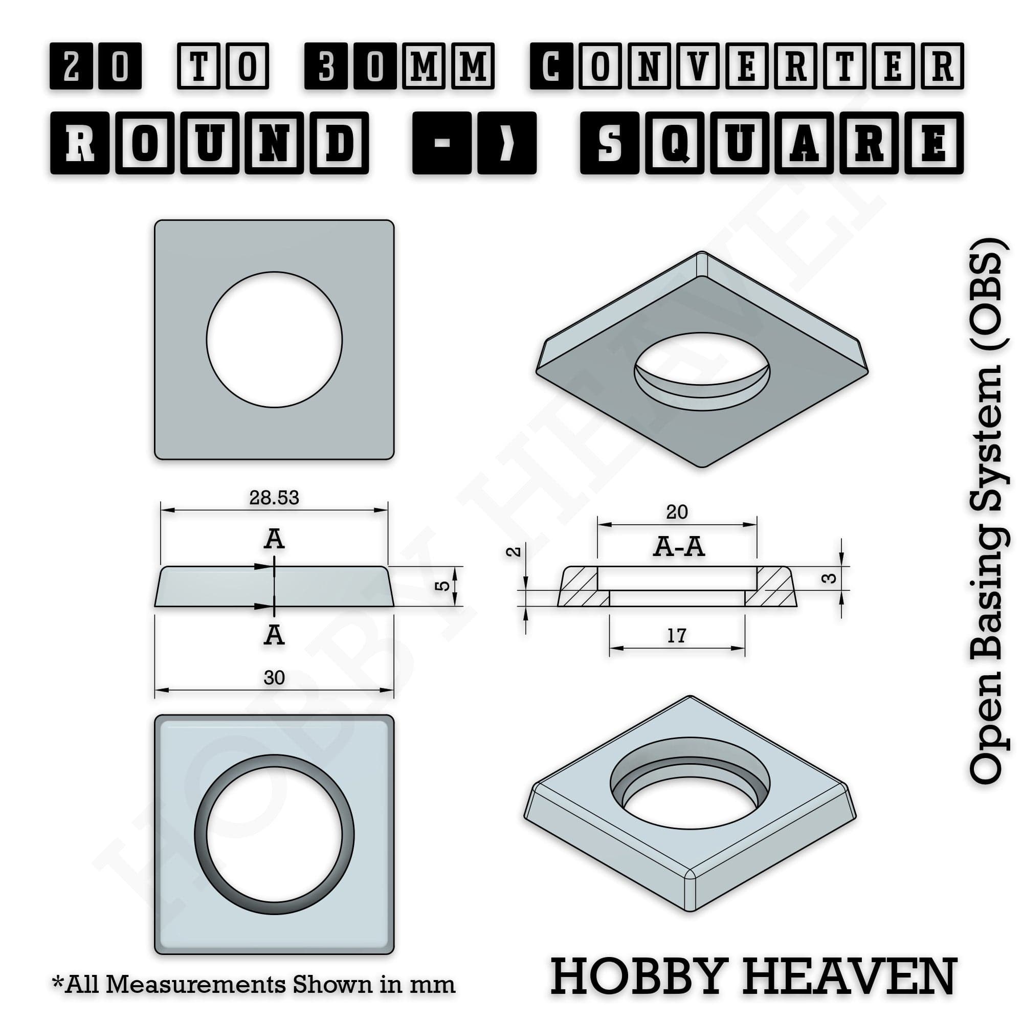 Base 20mm To 30mm Square Converter x1pc Round to Square Bases Shape and Size Converters 3d Print Full Range