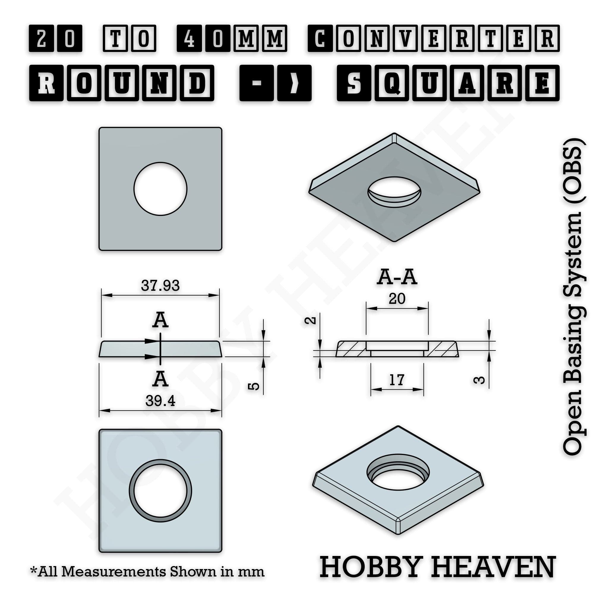 Base 20mm To 40mm Square Converter x1pc Round to Square Bases Shape and Size Converters 3d Print Full Range