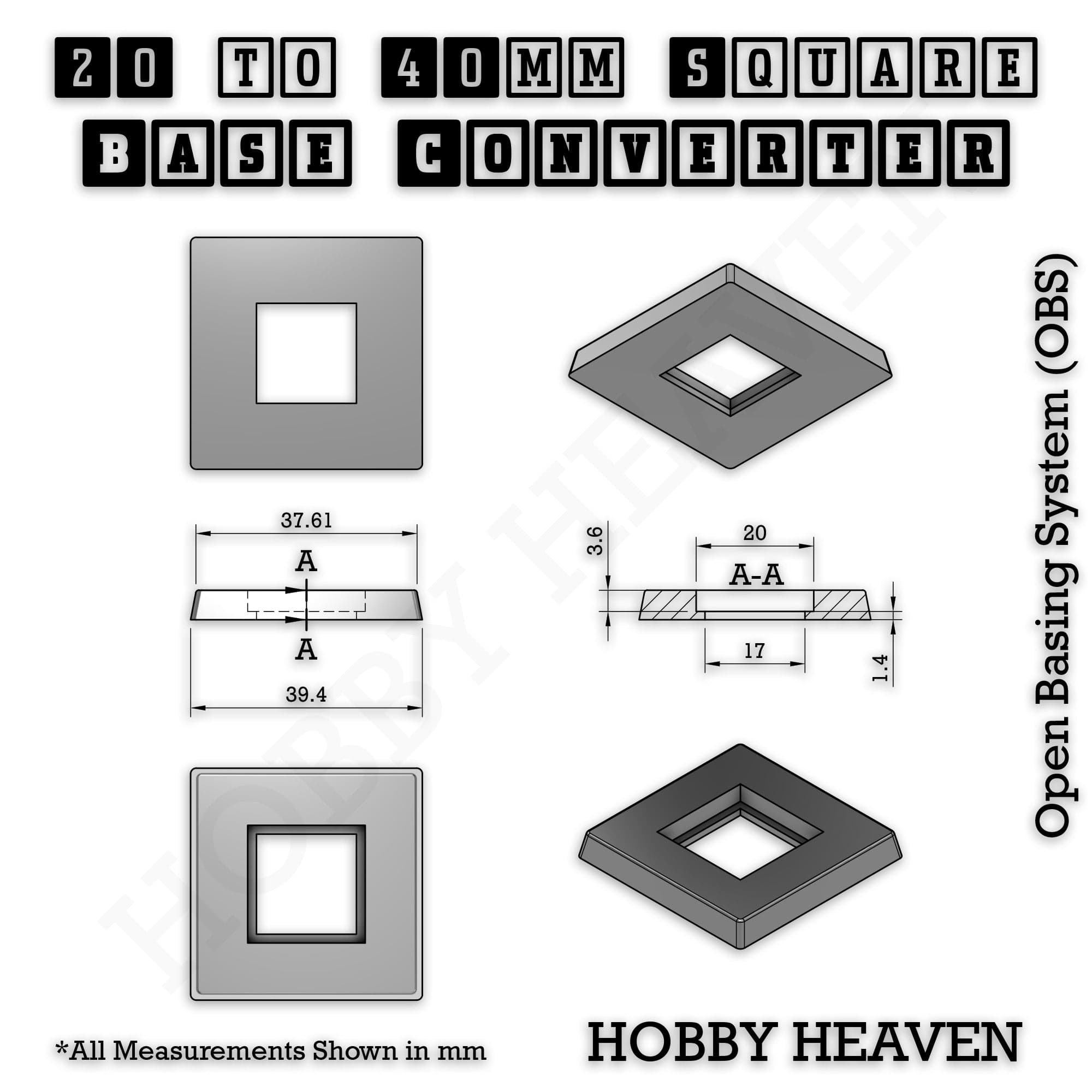 Base Square to Square Bases Size Converters 3d Print Full Range