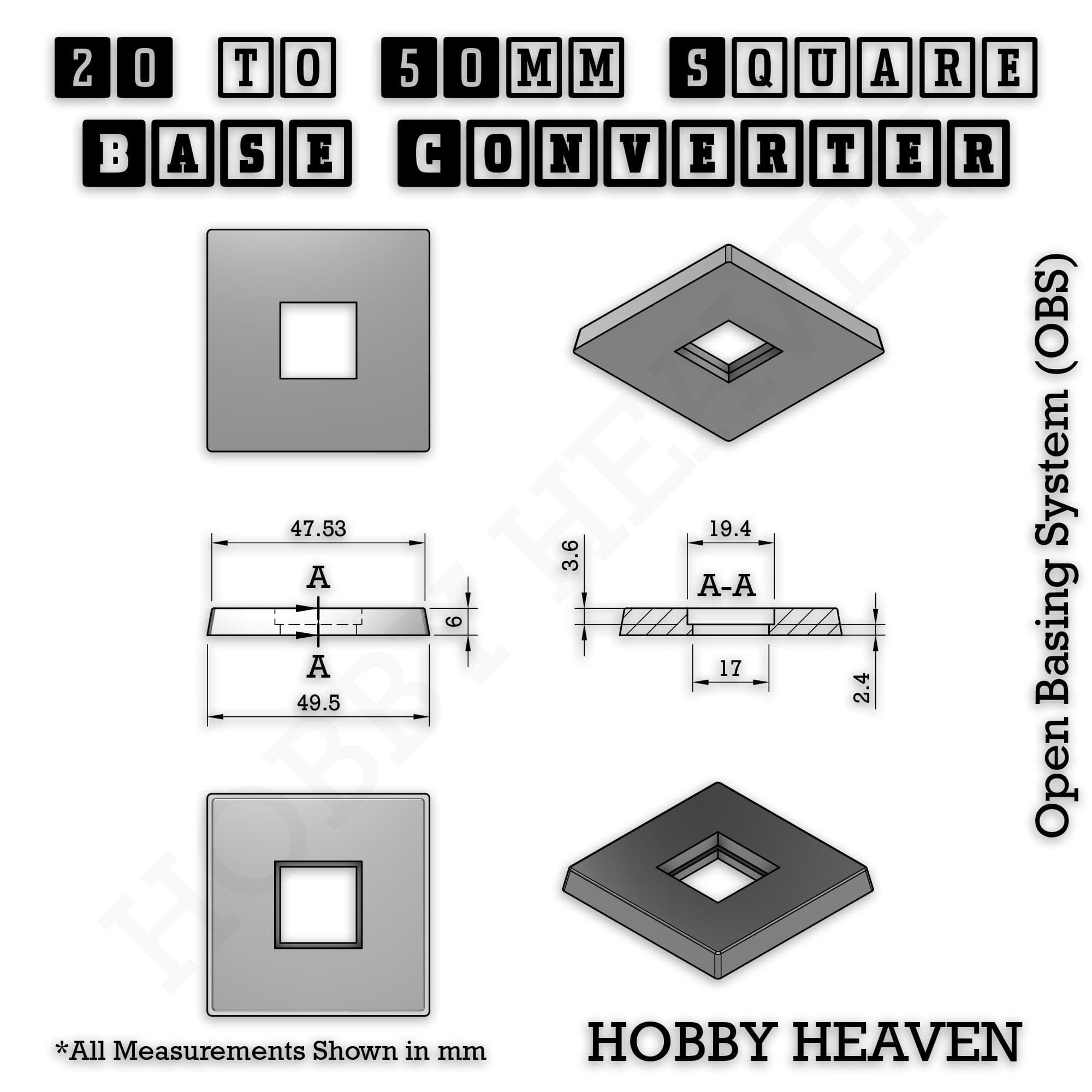 Base Square to Square Bases Size Converters 3d Print Full Range