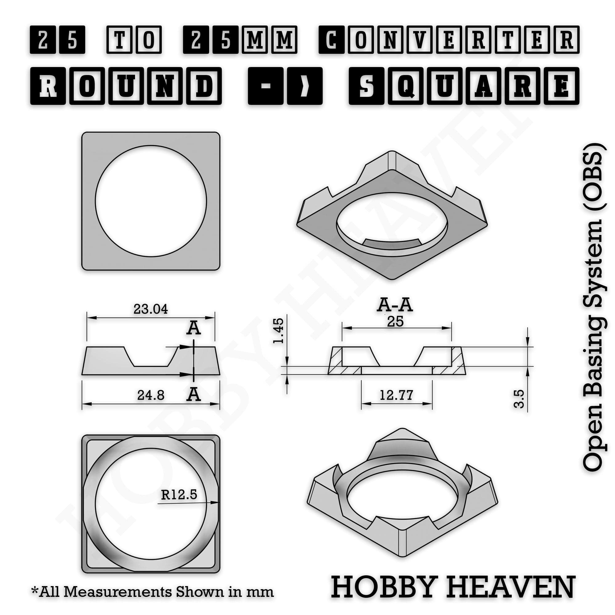 Base 25mm To 25mm Square Converter x1pc Round to Square Bases Shape and Size Converters 3d Print Full Range