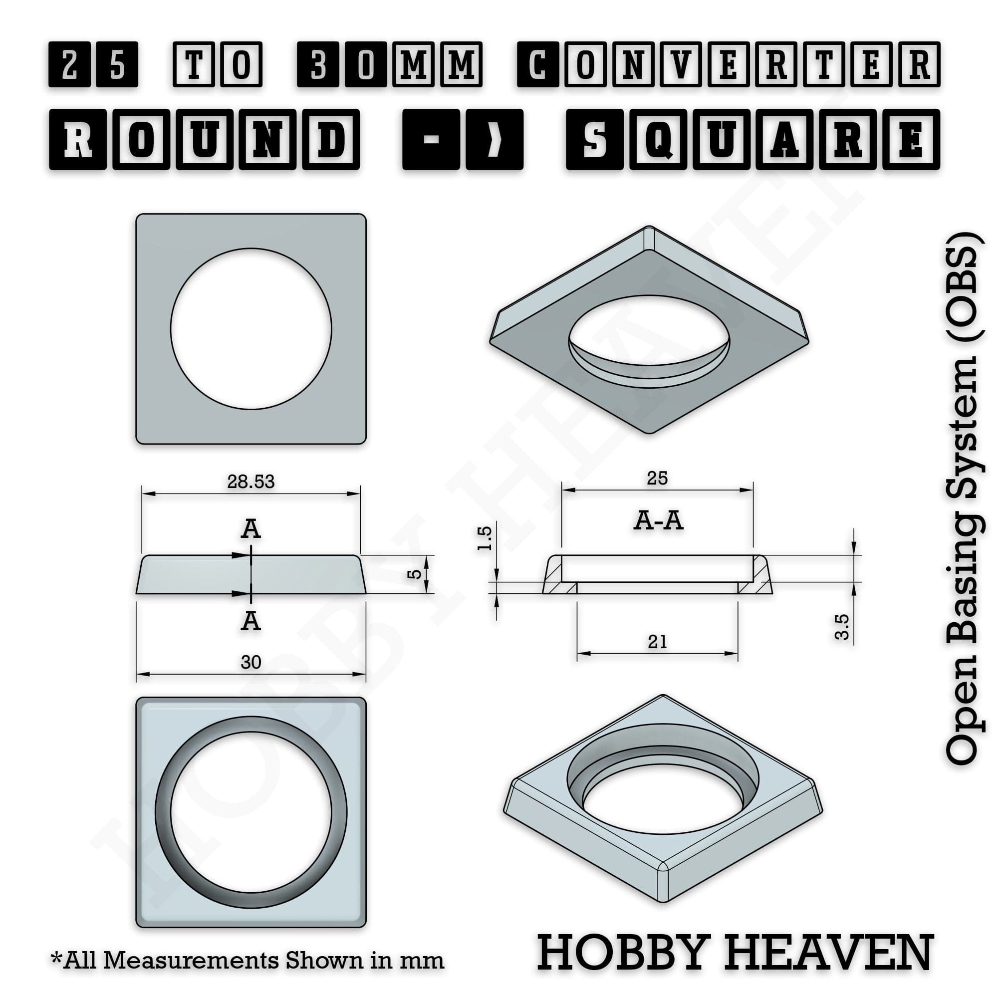 Base 25mm To 30mm Square Converter x1pc Round to Square Bases Shape and Size Converters 3d Print Full Range