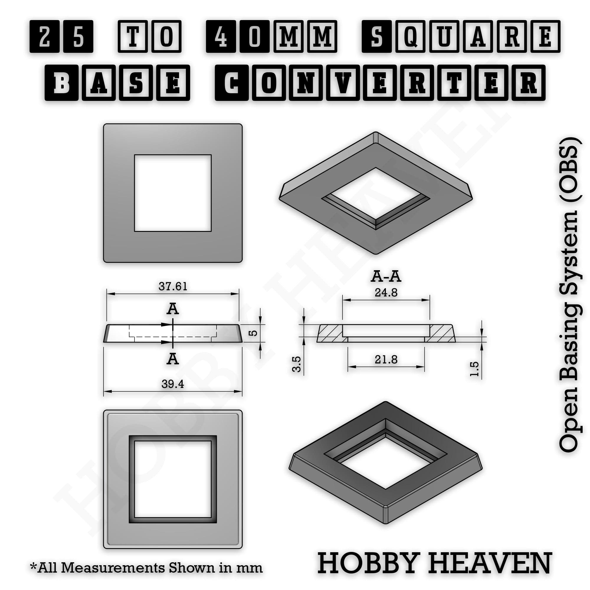Base Square to Square Bases Size Converters 3d Print Full Range