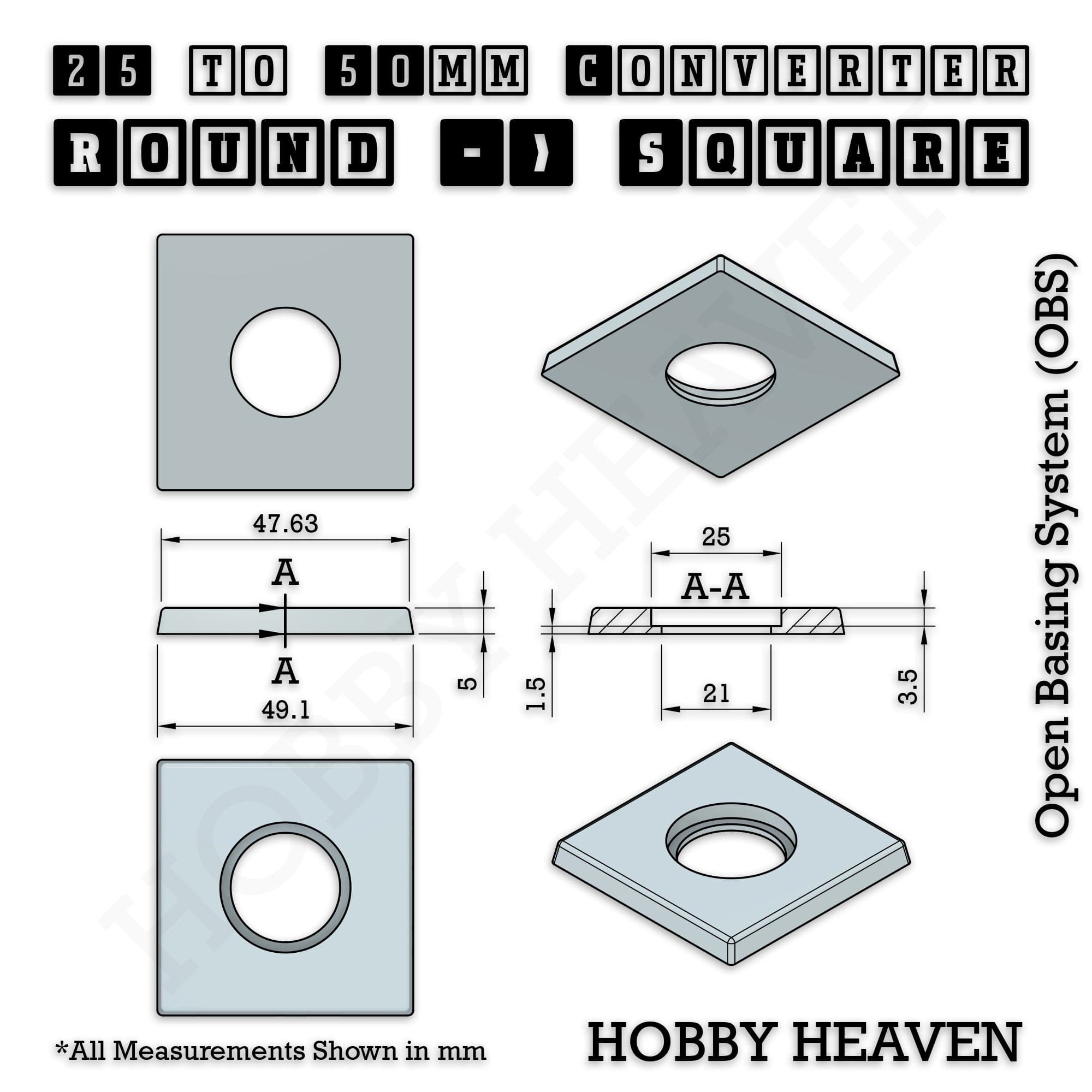 Base 25mm To 50mm Square Converter x1pc Round to Square Bases Shape and Size Converters 3d Print Full Range