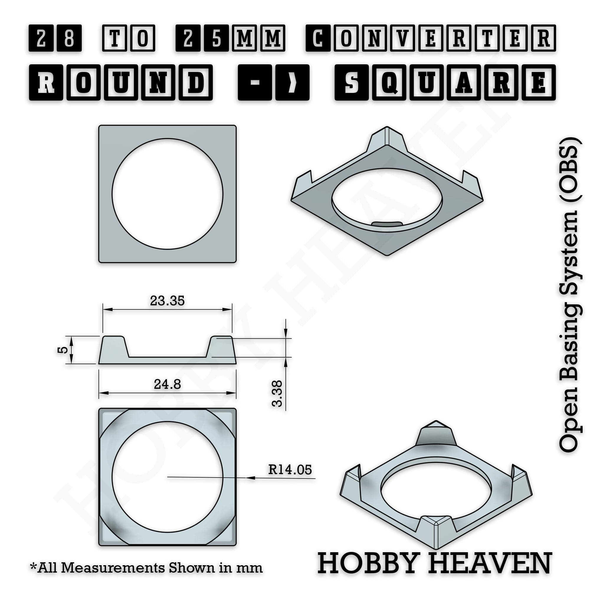 Base 28mm To 25mm Square Converter x1pcs Round to Square Bases Shape and Size Converters 3d Print Full Range