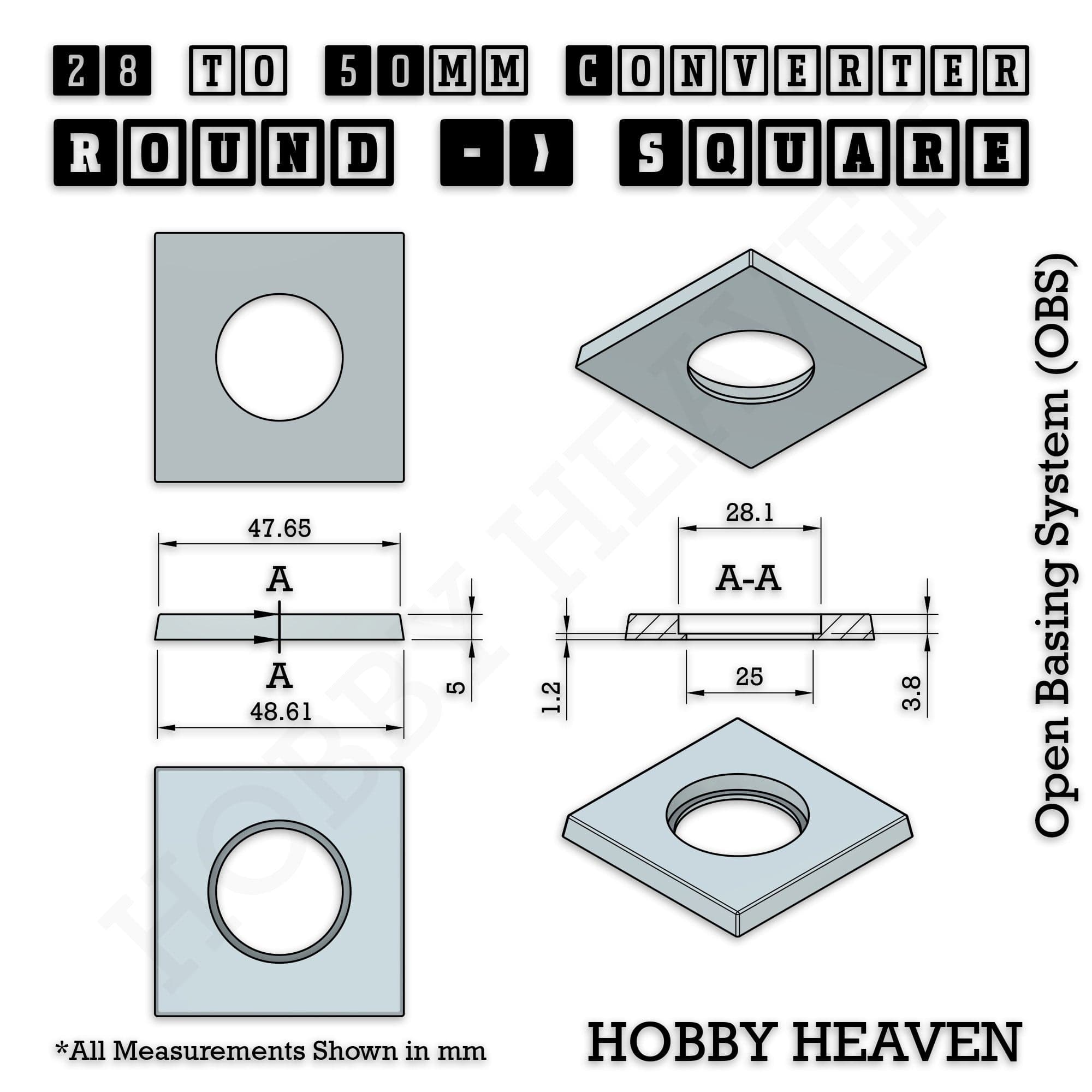 Base 28mm To 50mm Square Converter x1pcs Round to Square Bases Shape and Size Converters 3d Print Full Range