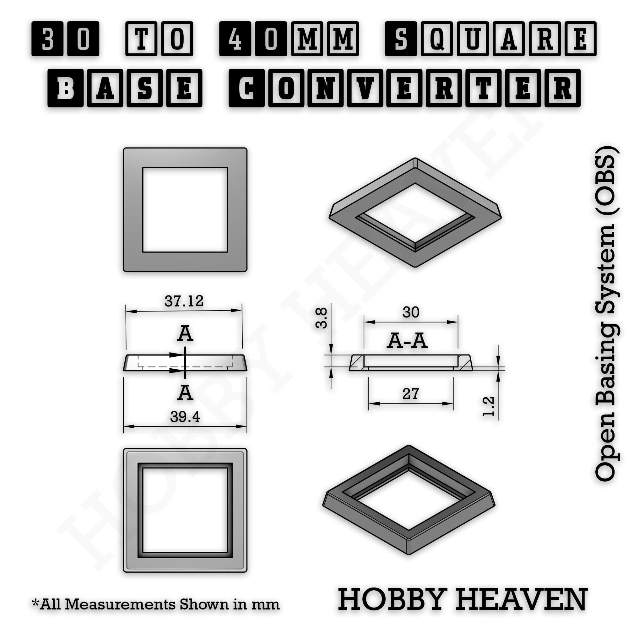 Base Square to Square Bases Size Converters 3d Print Full Range