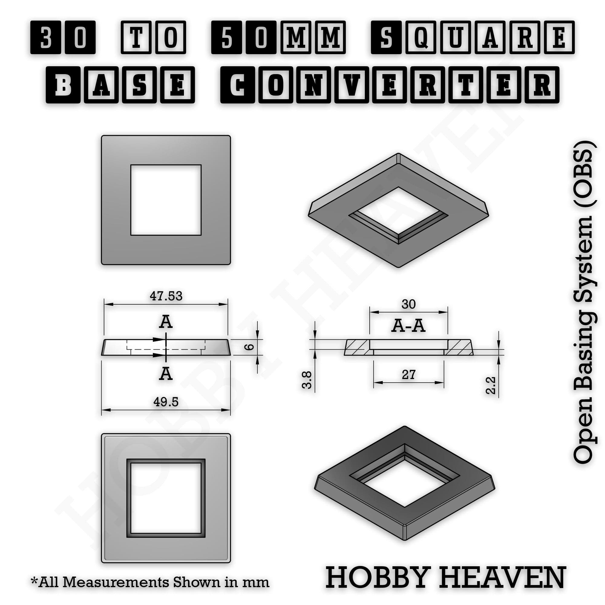 Base Square to Square Bases Size Converters 3d Print Full Range