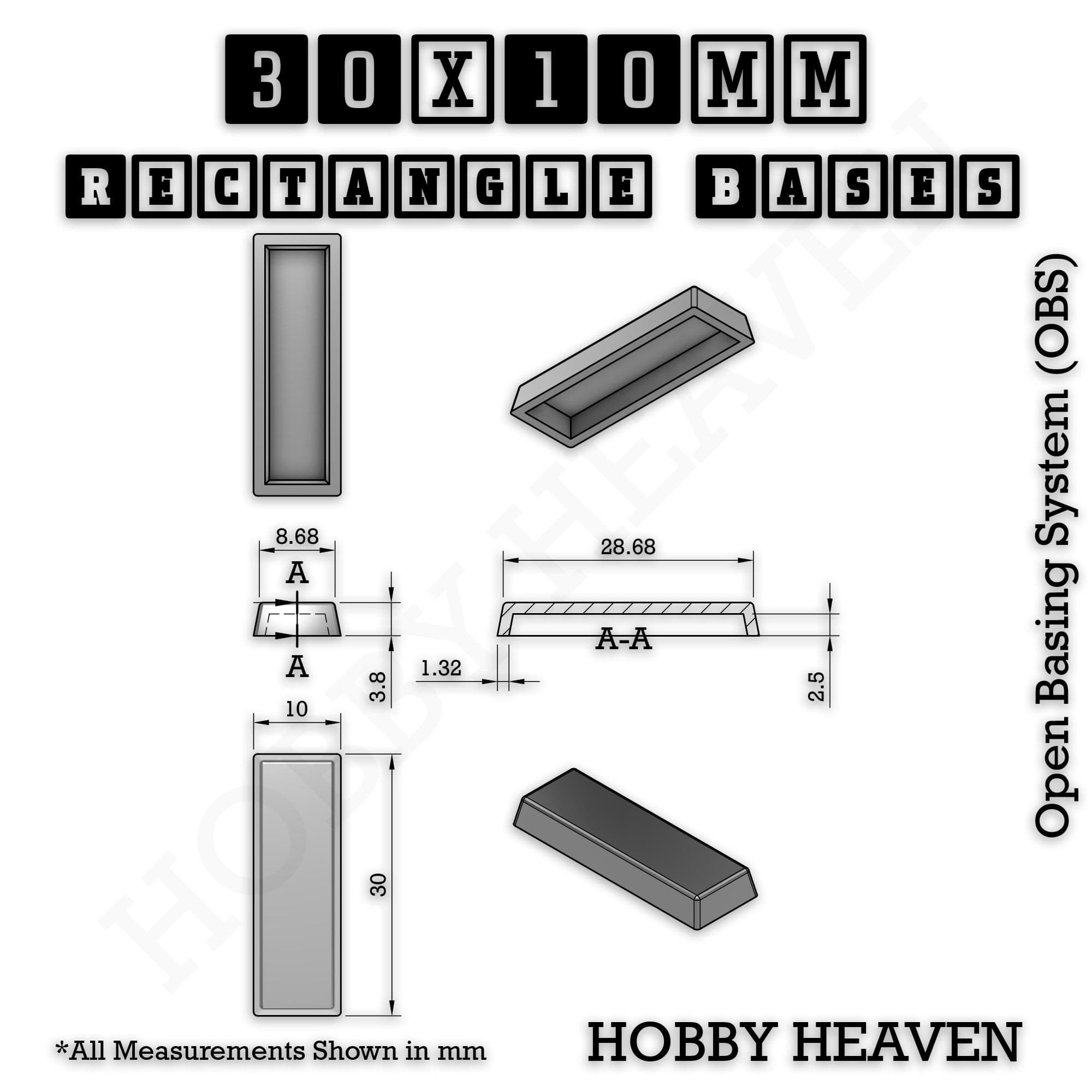 Base Rectangle Bases Range Sizes - 75x30mm to 125x40mm Medium Sizes 3d Print Full Range Tabletop Games