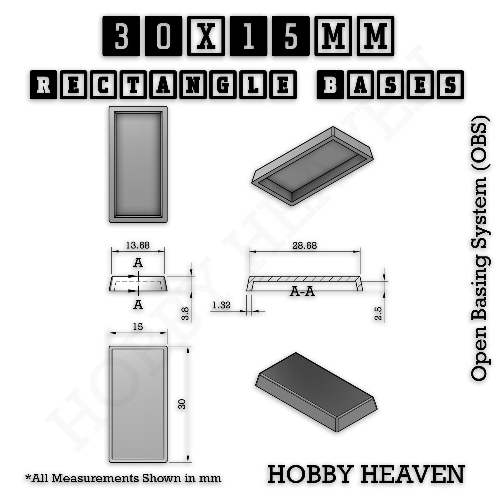 Base Rectangle Bases Range Sizes - 75x30mm to 125x40mm Medium Sizes 3d Print Full Range Tabletop Games