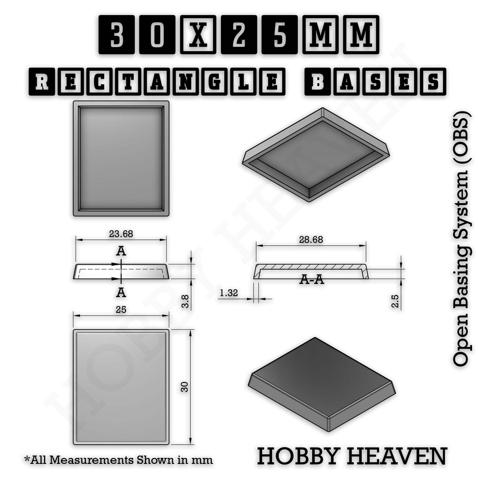Base Rectangle Bases Range Sizes - 75x30mm to 125x40mm Medium Sizes 3d Print Full Range Tabletop Games