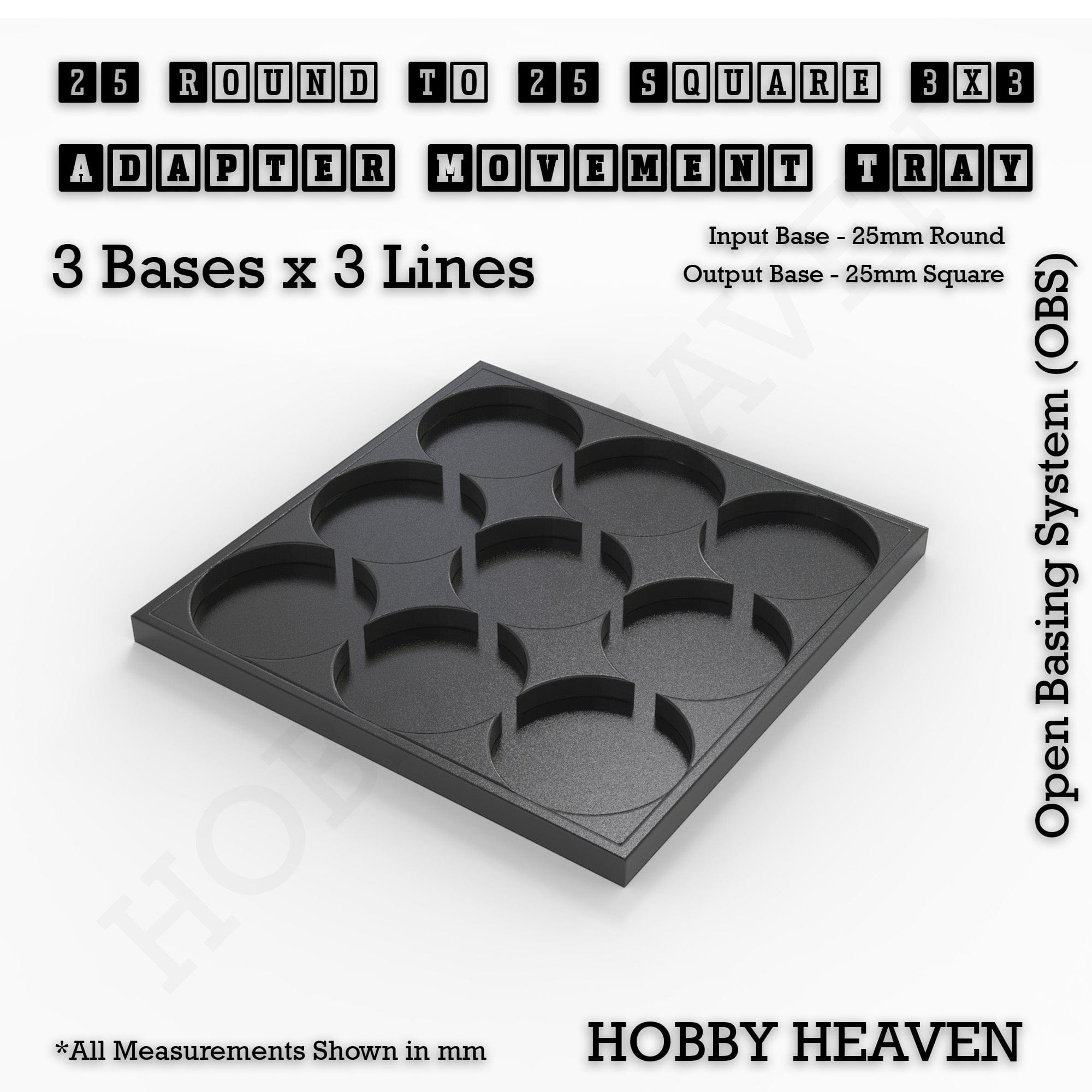 Movement Tray 25->25mm Round to Square 3x3 (3 bases x 3 Lines) Round to Square Movement Trays Adapters for Tabletop Games