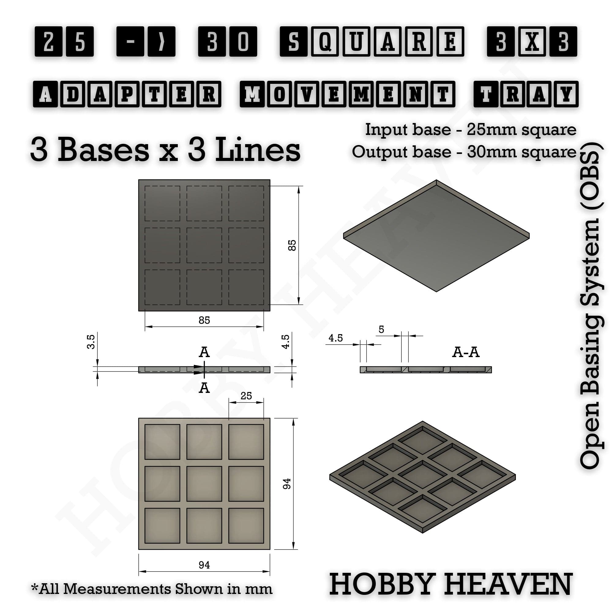 Movement Tray Square and Rectangle Movement Trays Adapters for Tabletop Games