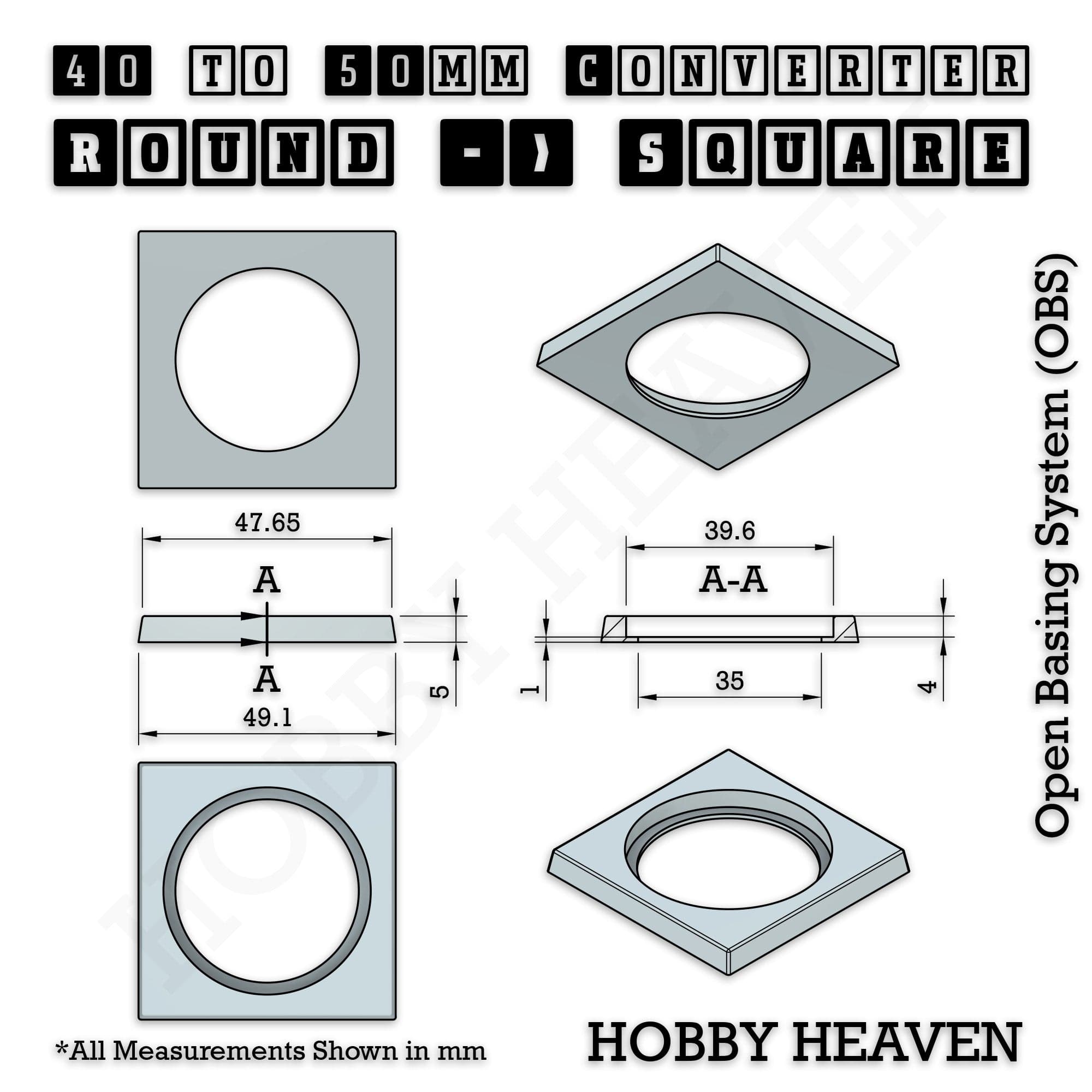 Base 40mm To 50mm Square Converter x1pcs Round to Square Bases Shape and Size Converters 3d Print Full Range