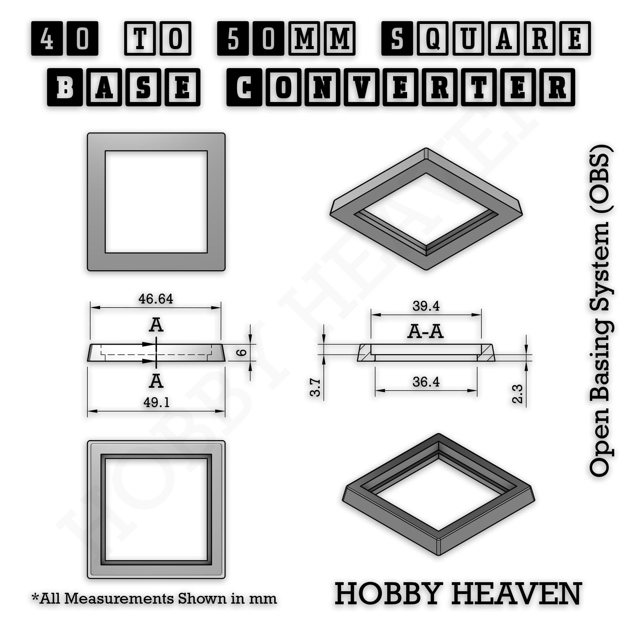 Base Square to Square Bases Size Converters 3d Print Full Range