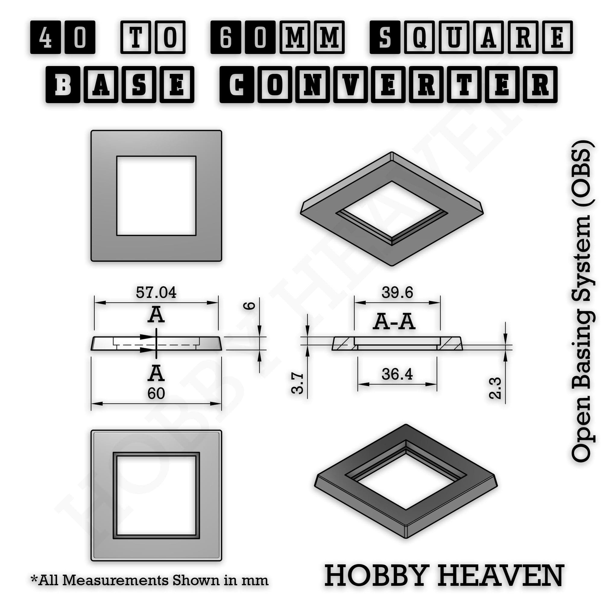 Base Square to Square Bases Size Converters 3d Print Full Range