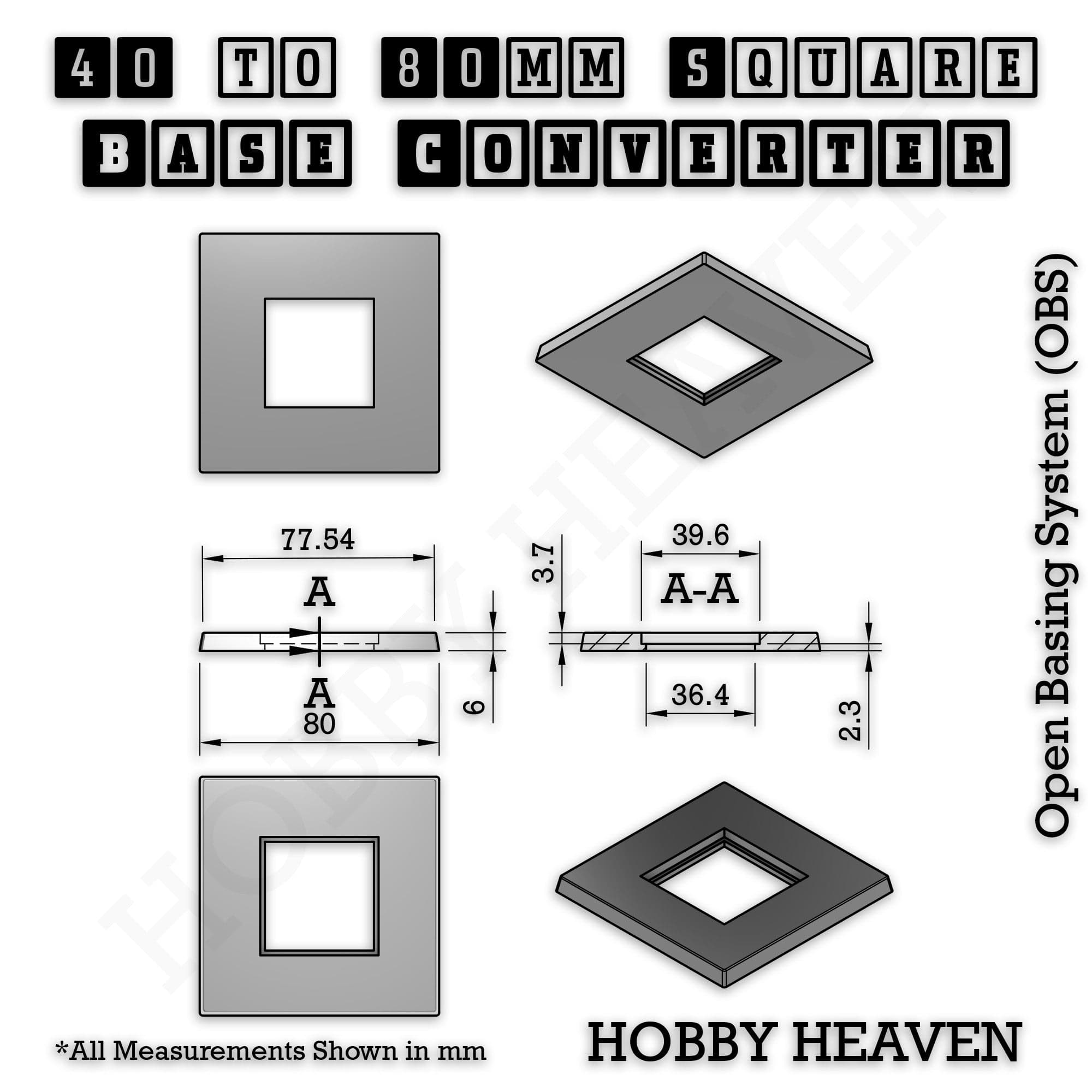 Base Square to Square Bases Size Converters 3d Print Full Range