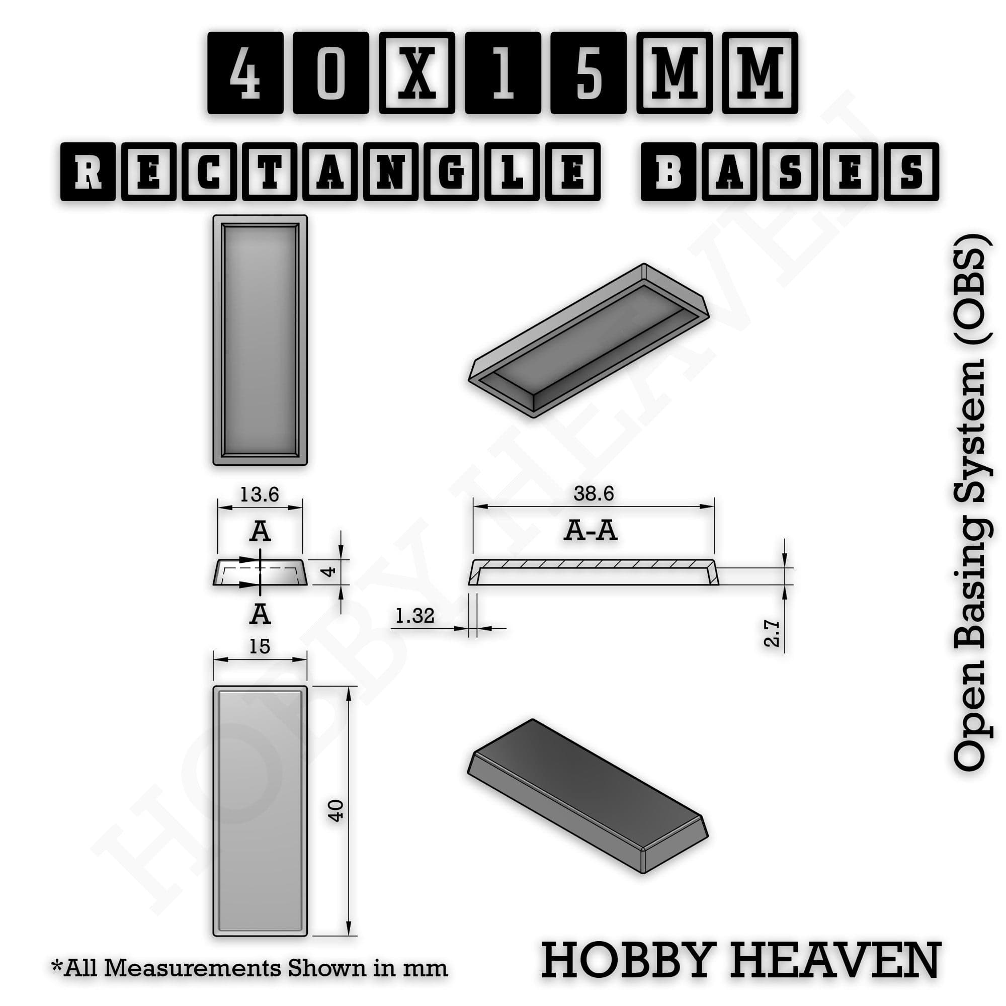 Base Rectangle Bases Range Sizes - 75x30mm to 125x40mm Medium Sizes 3d Print Full Range Tabletop Games
